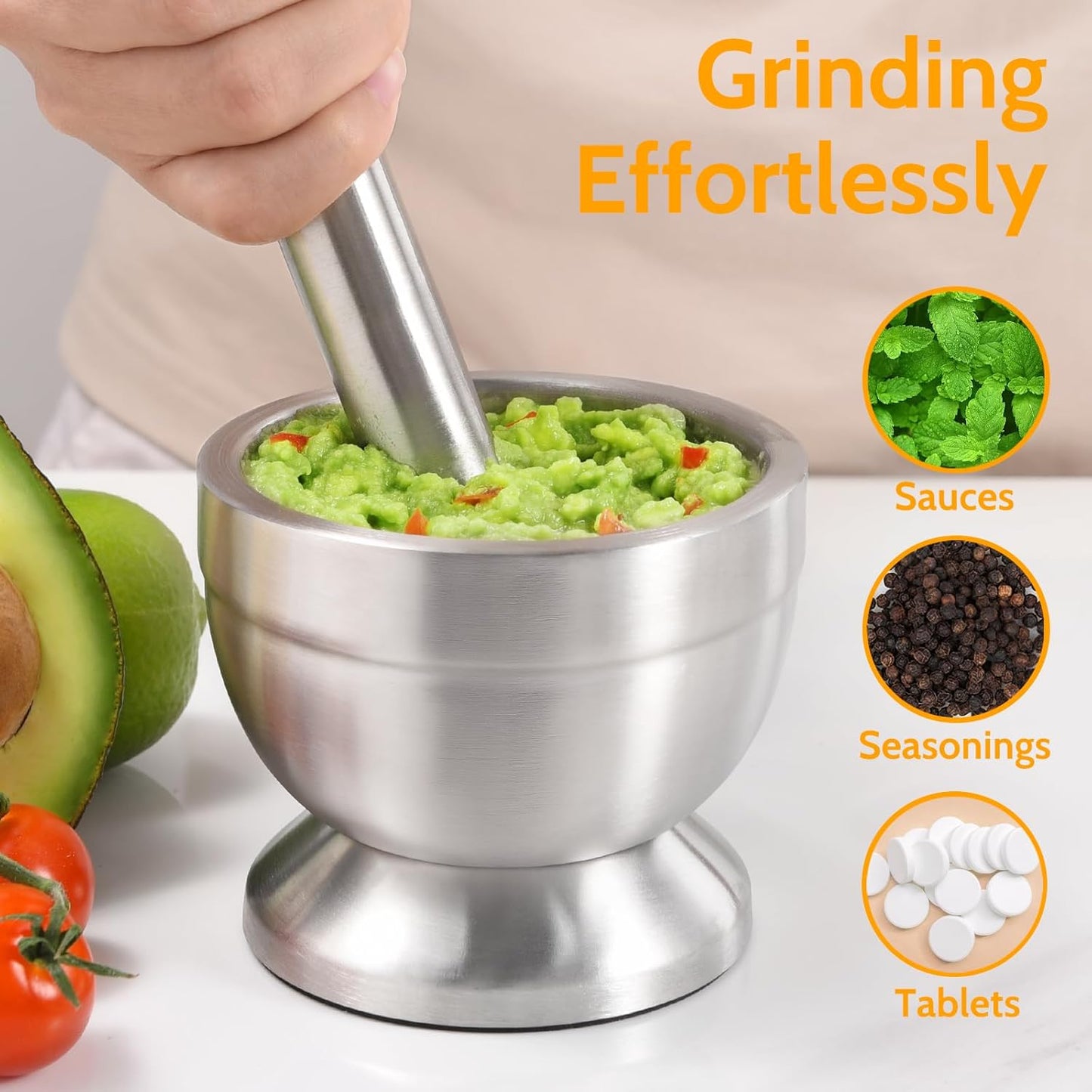 Mortar and Pestle, Sopito 18/8 Stainless Steel Spice Grinder Pill Crusher with Lid for Crushing Grinding Ergonomic Design with Anti Slip Base and Comfy Grip