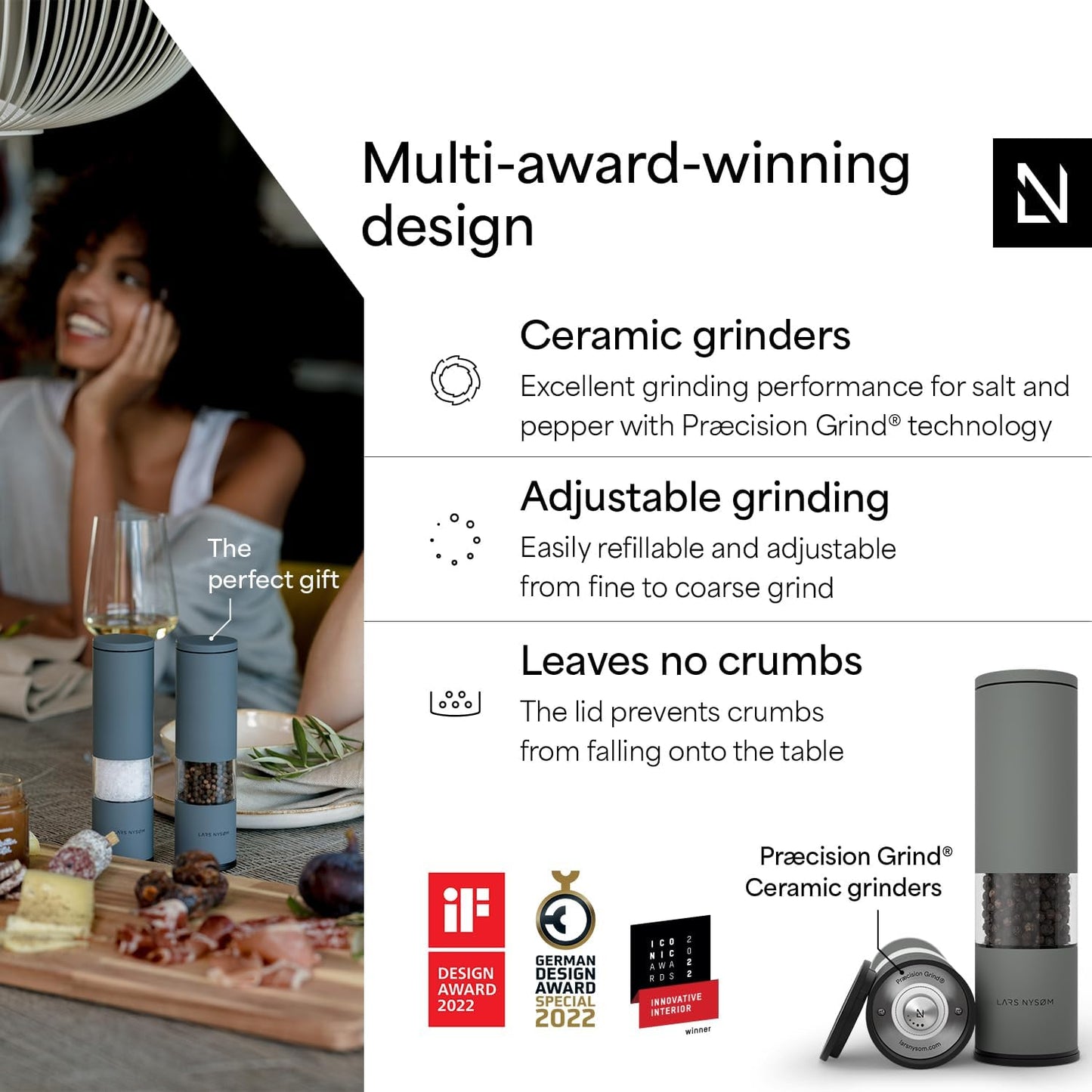 LARS NYSØM Salt and Pepper Grinder Set Manual, Stainless Steel Salt and Pepper Mills with Adjustable Ceramic Grinder I Design Spice Shakers (Ash Gray)