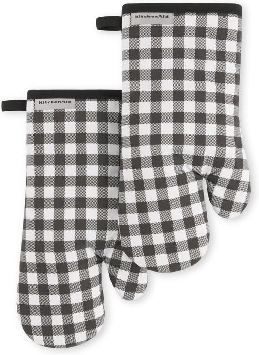 KITCHENAID Gingham Oven Mitt 2-Pack Set, Matte Black, 7"x13"