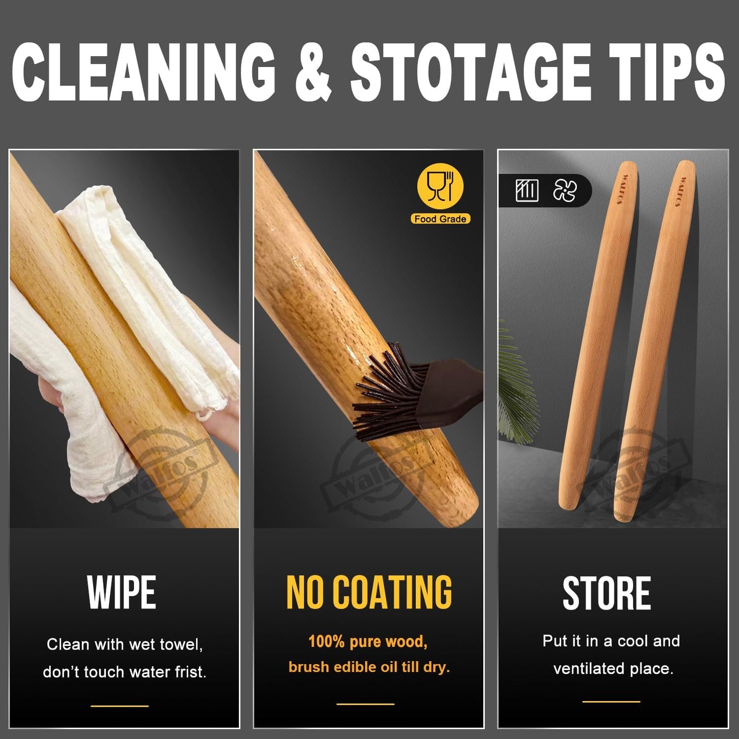 WALFOS French Rolling Pin for Baking, Tapered Design Natural Beech Wood Rolling Pins, Essential Kitchen Dough Roller for Fondant, Pizza, Pie, Cookie and Pastry