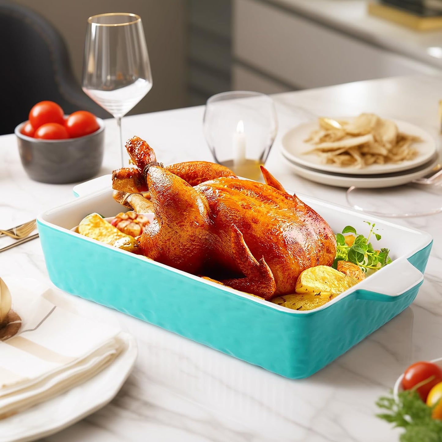 4 QT Baking Dish, Casserole Dishes for Oven, 9x13 Baking Pan with Handles, Lasagna Pan Deep, Ceramic Casserole Dish Oven Safe for Baking, Lasagna, Kitchen, Wedding Gift (Aquamarine)