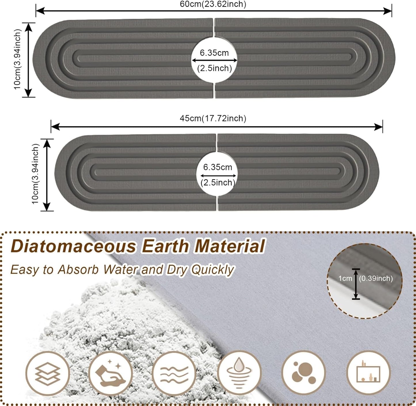 Faucet Mat for Kitchen Sink, Diatomite Super Absorbent Fast Drying Stone Sink Tray for Bathroom Kitchen Sink Splash Guard(Round Dark Grey,23.6x3.9in)