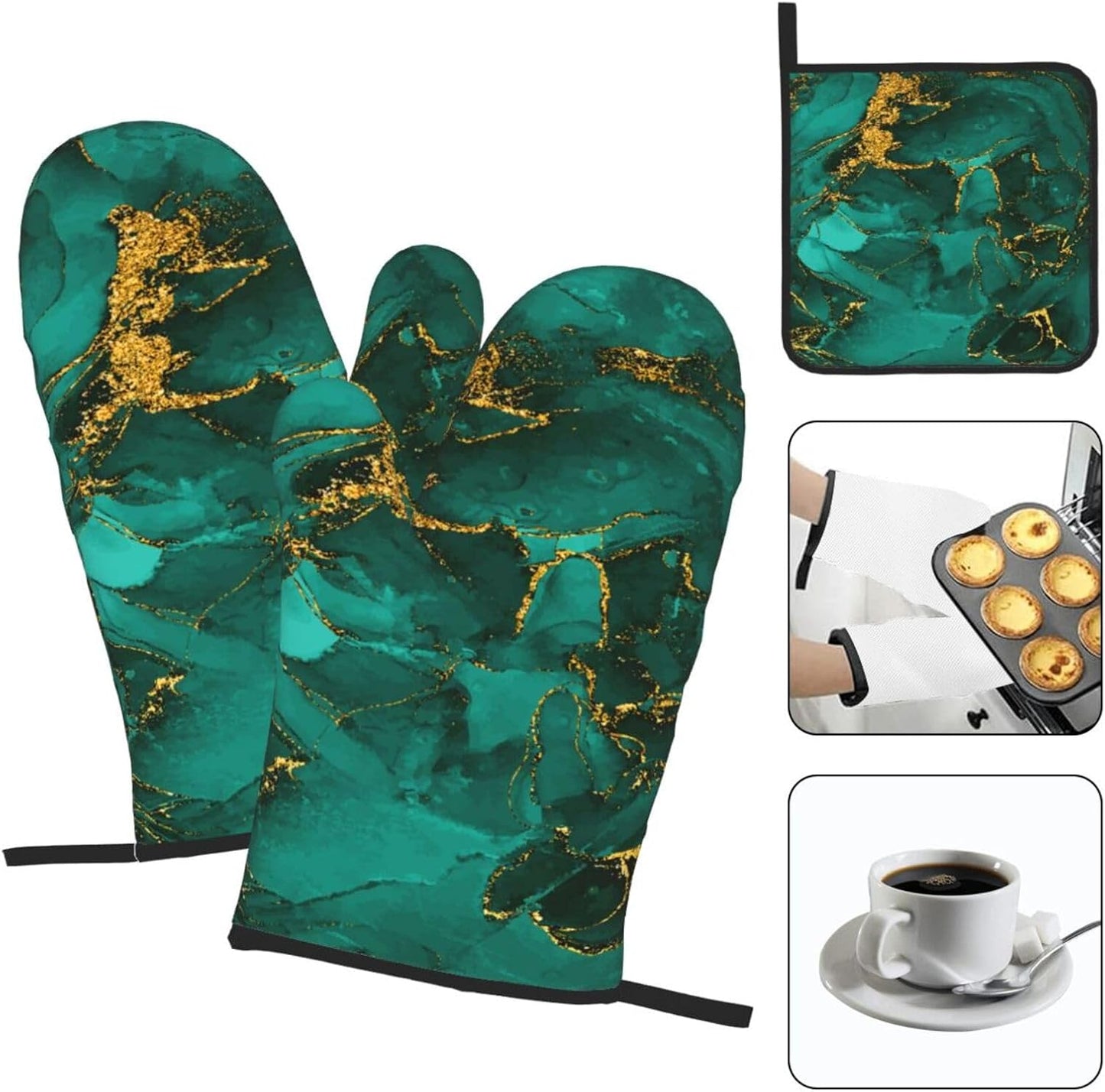 Turquoise Marble Oven Mitts and Pot Holders Sets of 3 Emerald Dark Green Hot Pads Heat Resistant Non Slip Washable for Cooking Grilling Baking BBQ Kitchen Decor