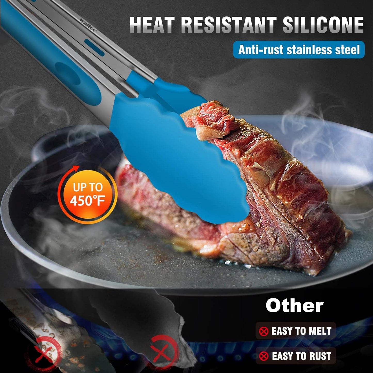 Walfos Kitchen Tongs - 7" 9" and 12" Heat Resistant Food tongs, Thickened Stainless Steel and BPA Free Silicone Tips, Great for Cooking, Grilling, Turning, Dishwasher safe(3 blue silicone tongs)