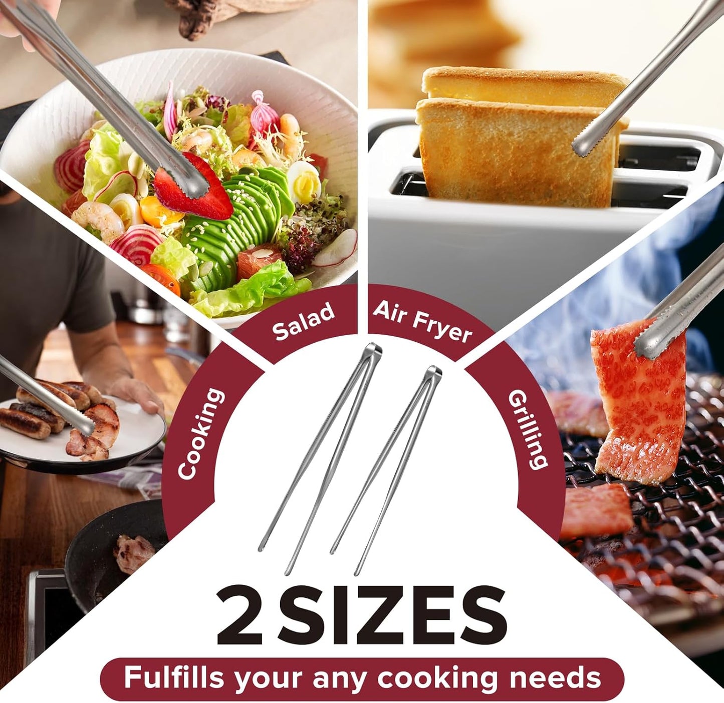 Precision Serrated Non-Slip Tips Cooking Tongs 2 Set (9" & 12"), One-Piece Easy to Control Stainless Steel Kitchen Tweezer Tongs, Multi-Purpose Food Tweezers for Baking, Food Plating, BBQ