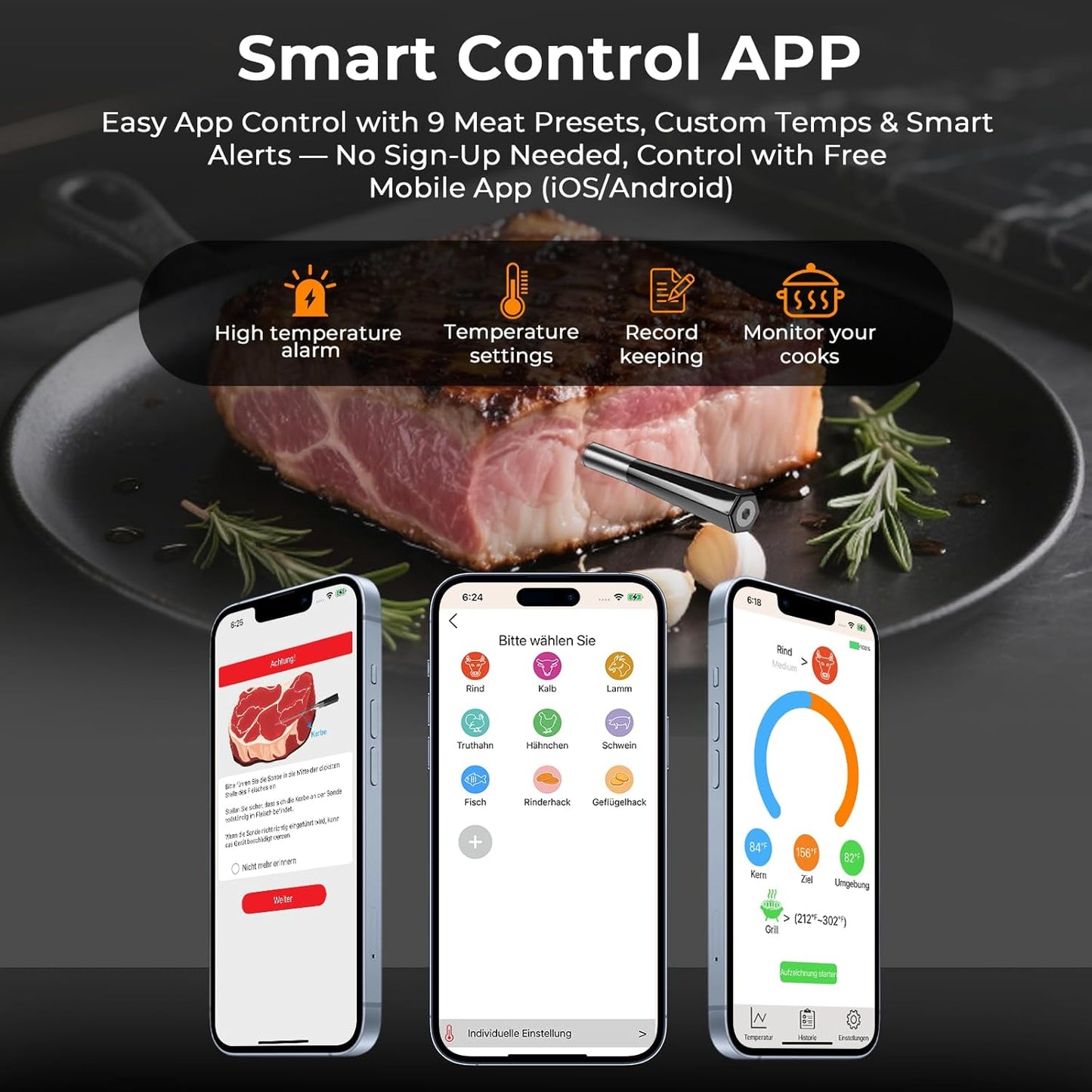 BlueSwan Digital Wireless Smart Bluetooth Meat Thermometer 820 ft Range Food Thermometer with APP for Grill, Smoker, Oven, 48Hr Battery, Magnetic Design for BBQ, Kitchen, Air Fryer, Gifts for Men