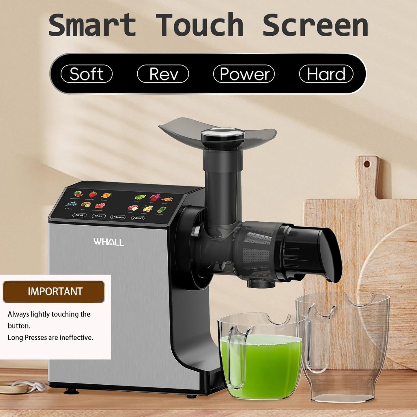 whall Masticating Slow Juicers, Juicer Machines, Cold Press Juicers, Professional Stainless Juice Machines for Vegetable and Fruit, Touchscreen Cold Press Juicer with 2 Speed Modes, Easy Clean,Grey