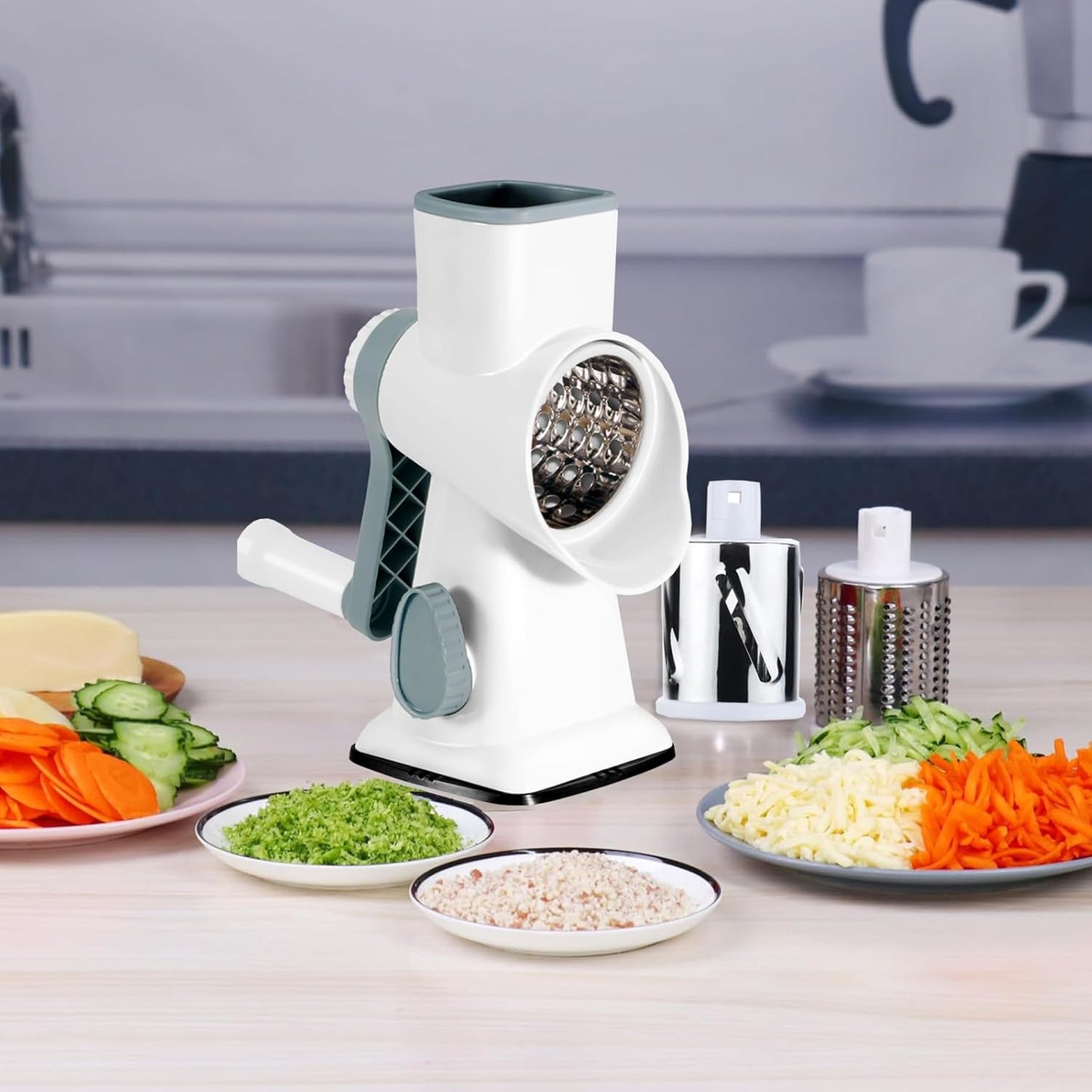 Rotary Cheese Grater Multi-Purpose Stainless Steel Cheese Shredder - Cheese Grater With Handle Effortless Grating of Carrots, Potatoes, Vegetables, and Fruits (White)
