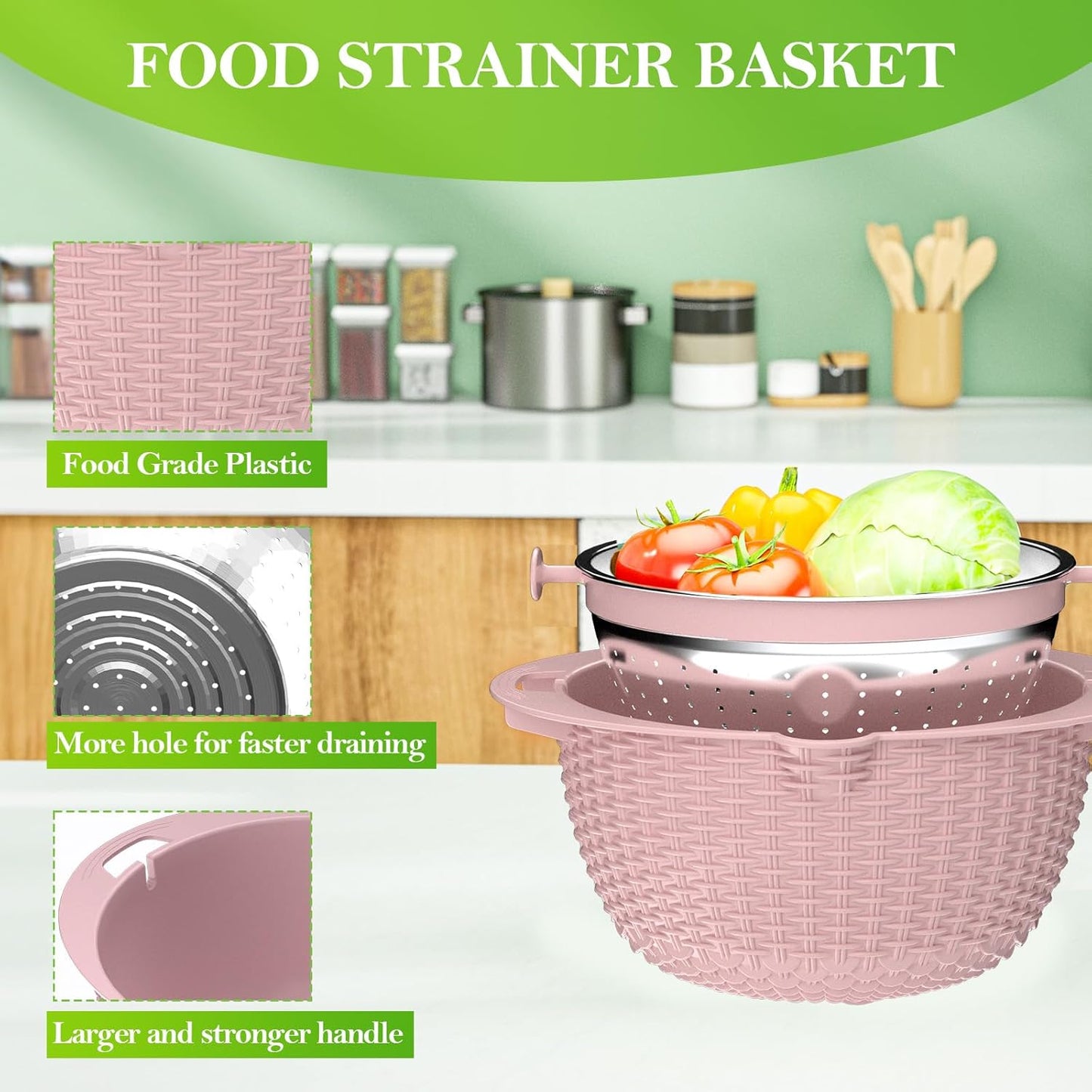 4-1 Strainer Bowl with Lid Set - Strainers and Colanders, Colander for Kitchen, Pasta Strainer, Fruit Cleaner, Veggie Wash, Funny Kitchen Present, Fruit Washing Bowl, Cooking Present for Women - Pink