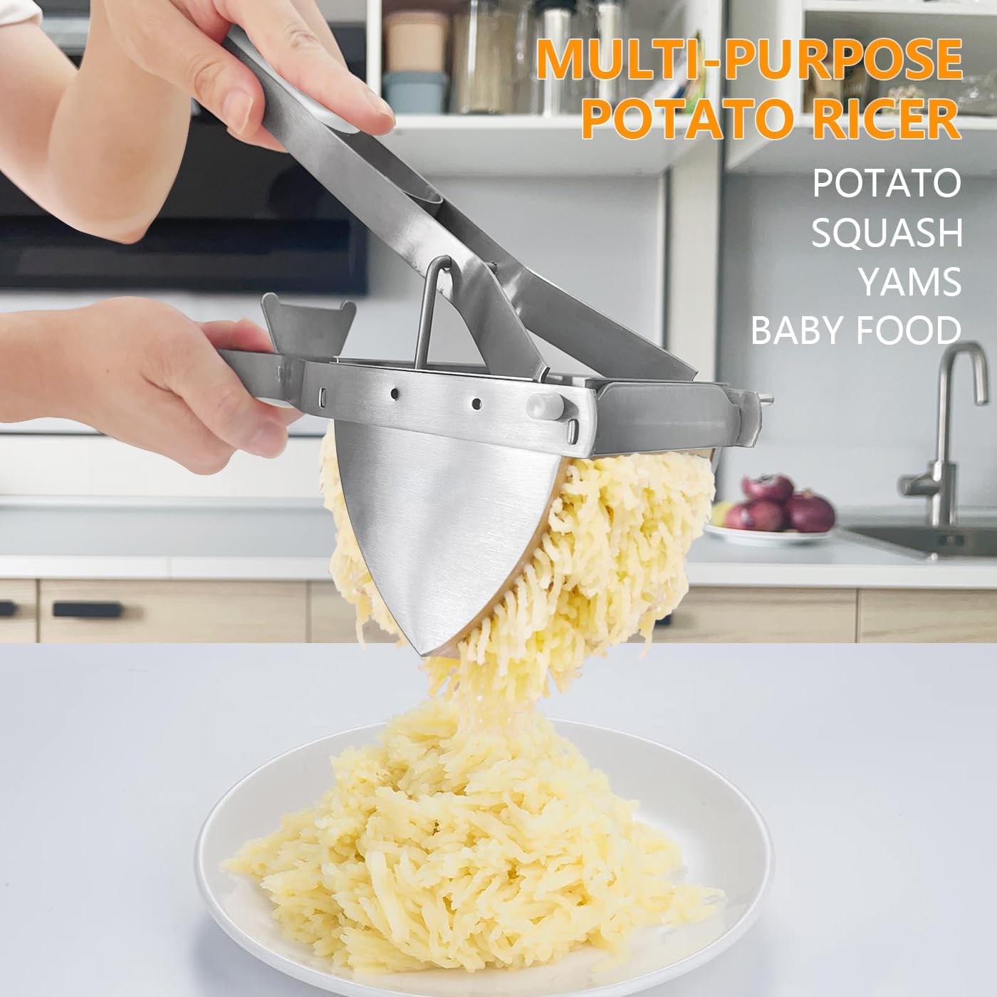 LHS Stainless Steel Potato Ricer and Masher, Heavy Duty Commercial Food Masher, Ergonomic Comfort Grip, Extra Large Capacity, Dishwasher Safe (White)