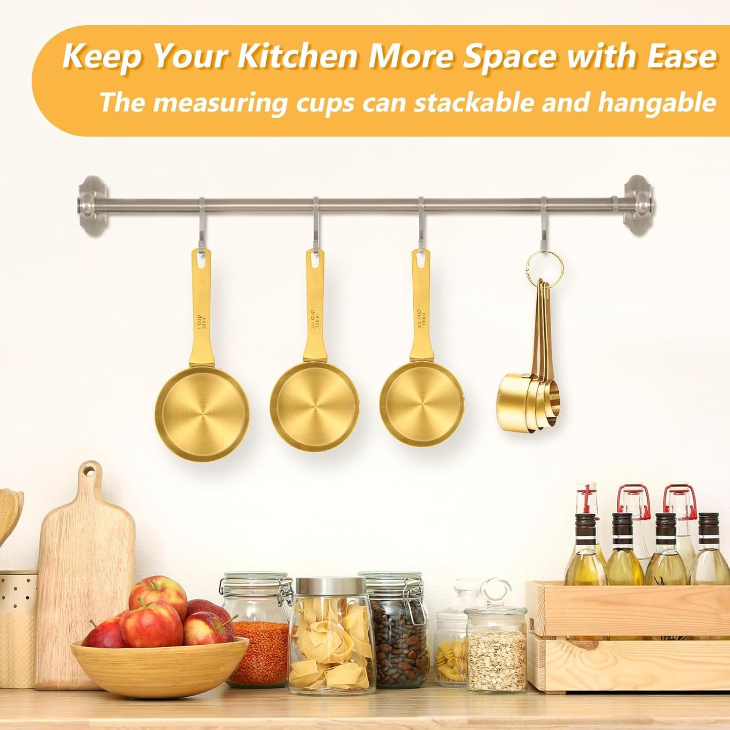 Magnetic Measuring Spoons and Cups Set of 15, Including 7 Magnetic Gold Measuring Spoons with 1 Leveler, 7 Stainless Steel Heavy Duty Gold Measuring Cups, Ideal for Cooking & Baking