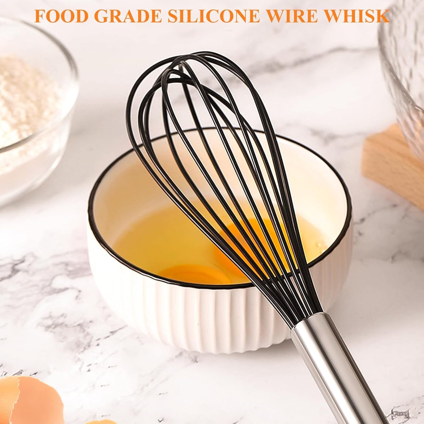 NileHome Whisk Commercial Whisks Stainless Steel & Silicone Non-Stick Coated Small Whisk Set 8" 10" 12" Kitchen Wisk Wire Whisks for Cooking 3 Pack, Black