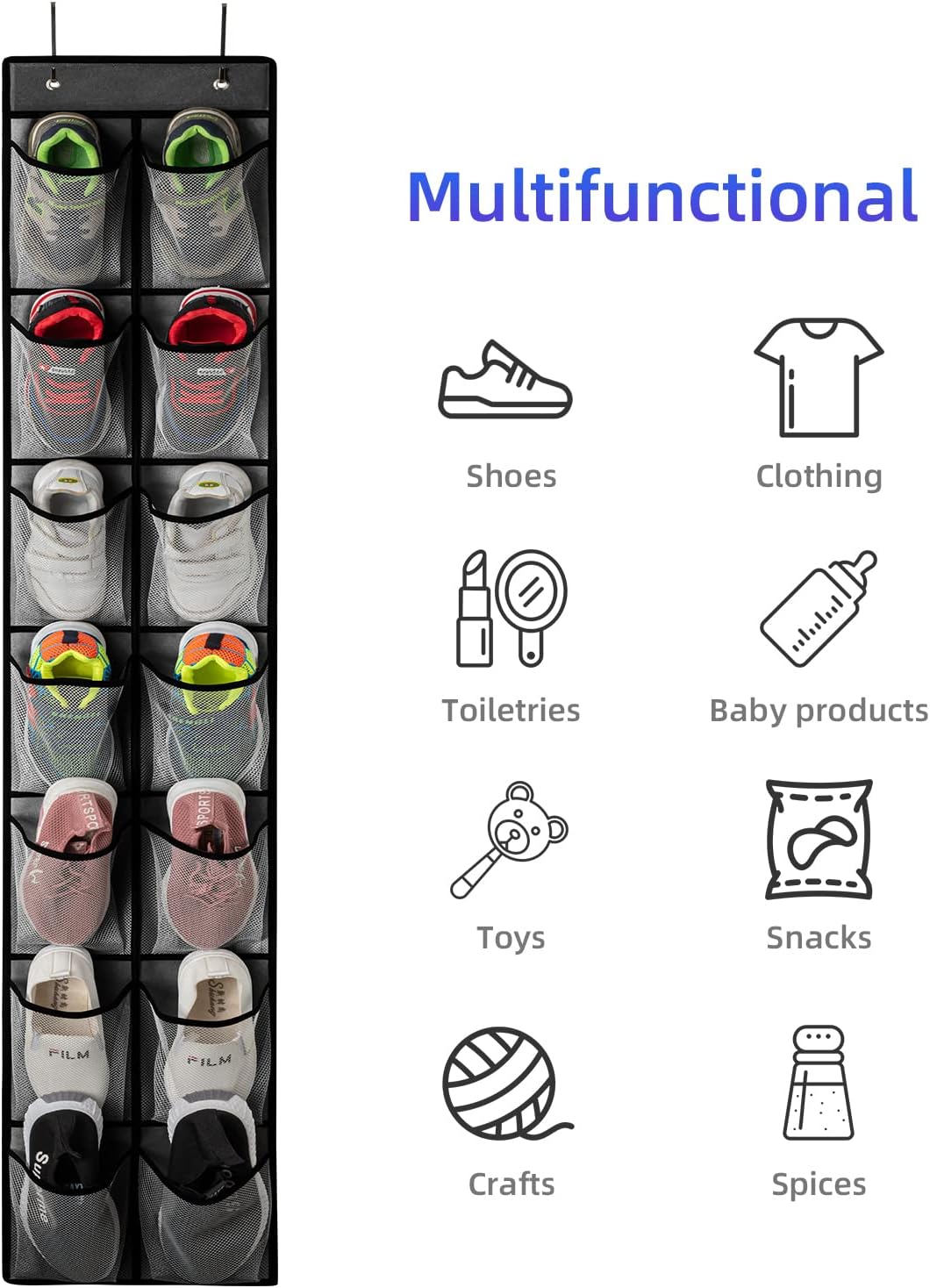 KEEPJOY Over the Door Shoe Organizer, Hanging Shoe Organizer with 4 Hooks,Door Shoe Holder with 14 Mesh Deep Pockets Closet Door Shoe Storage Bag (Grey-2Pack)
