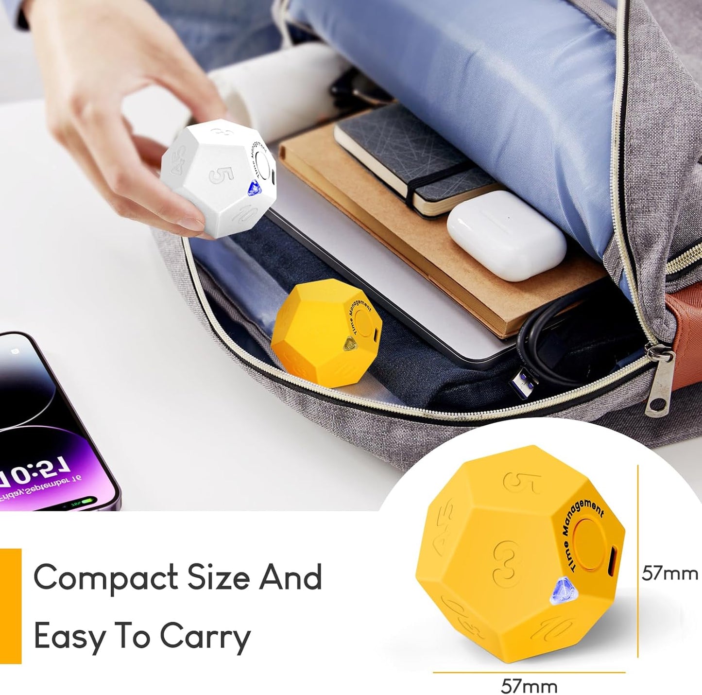 Yellow Pomodoro Timer - 11 Preset Productivity Cube, Ring/Vibrate Mode, Rechargeable, Perfect for Cooking, Learning, Exercise and Beauty