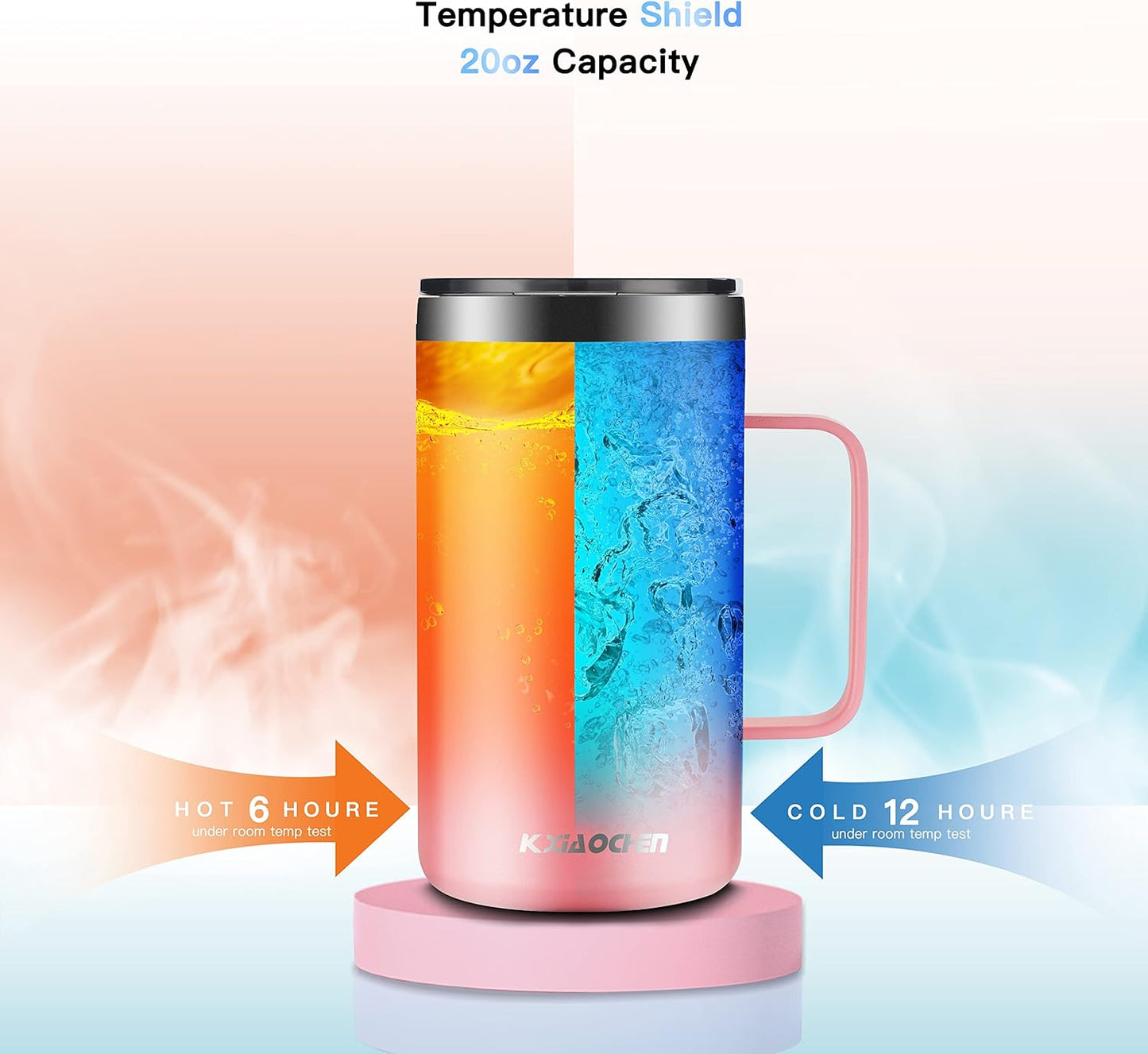 KXIAOCHEN 20oz Insulated Coffee Mug with Lid, Stainless Steel Coffee Cup, Double Wall Vacuum Coffee Tumbler with Handle, Premium Thermal Travel Coffee Mug (Pink)