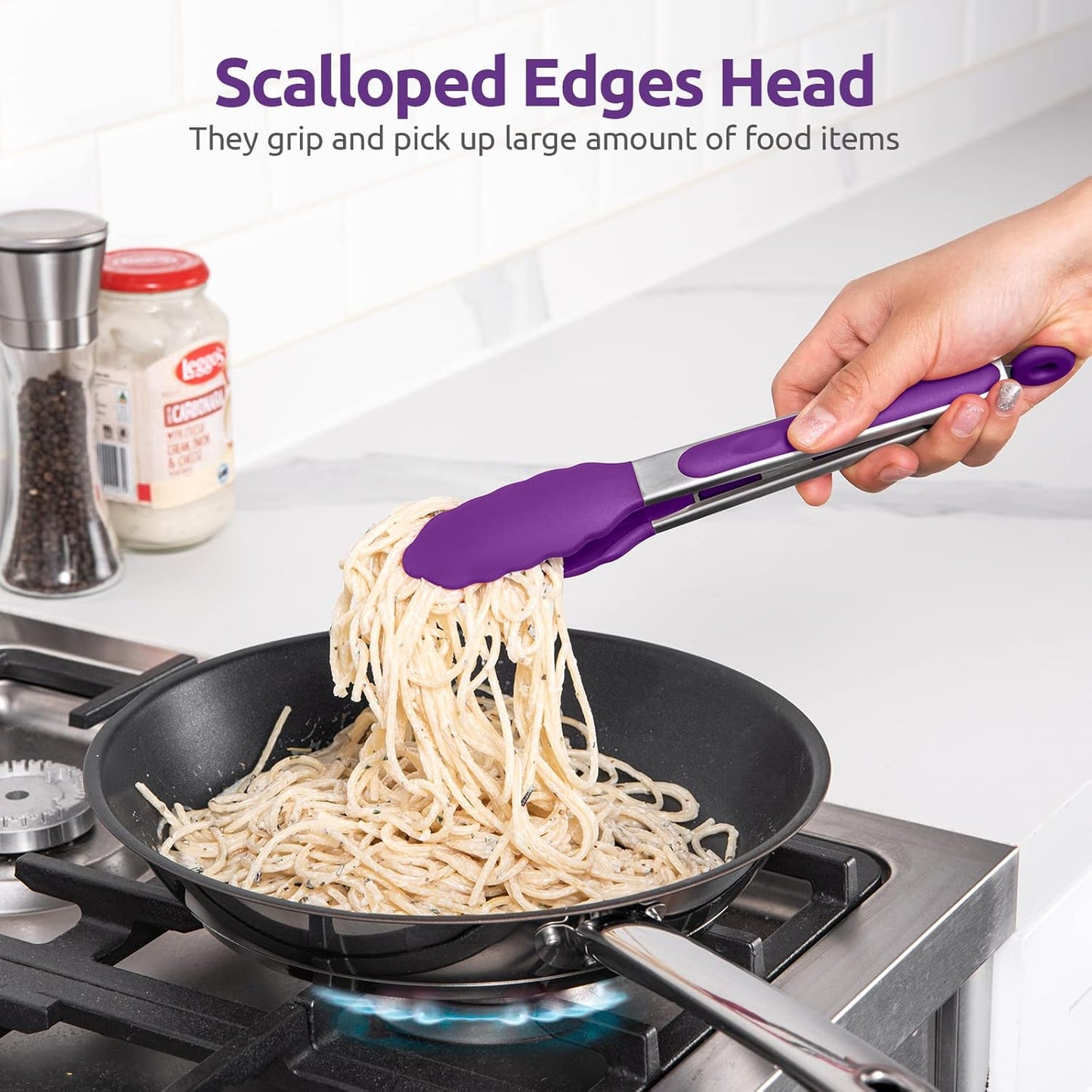 600ºF Heat Resistant Kitchen Tongs: U-Taste 9 inch Silicone Cooking Tong with Firm Sealed Non Stick Rubber Tips & Silicon Coated 18/8 Stainless Steel Handle & Smooth Locking for Serving Grill (Purple)