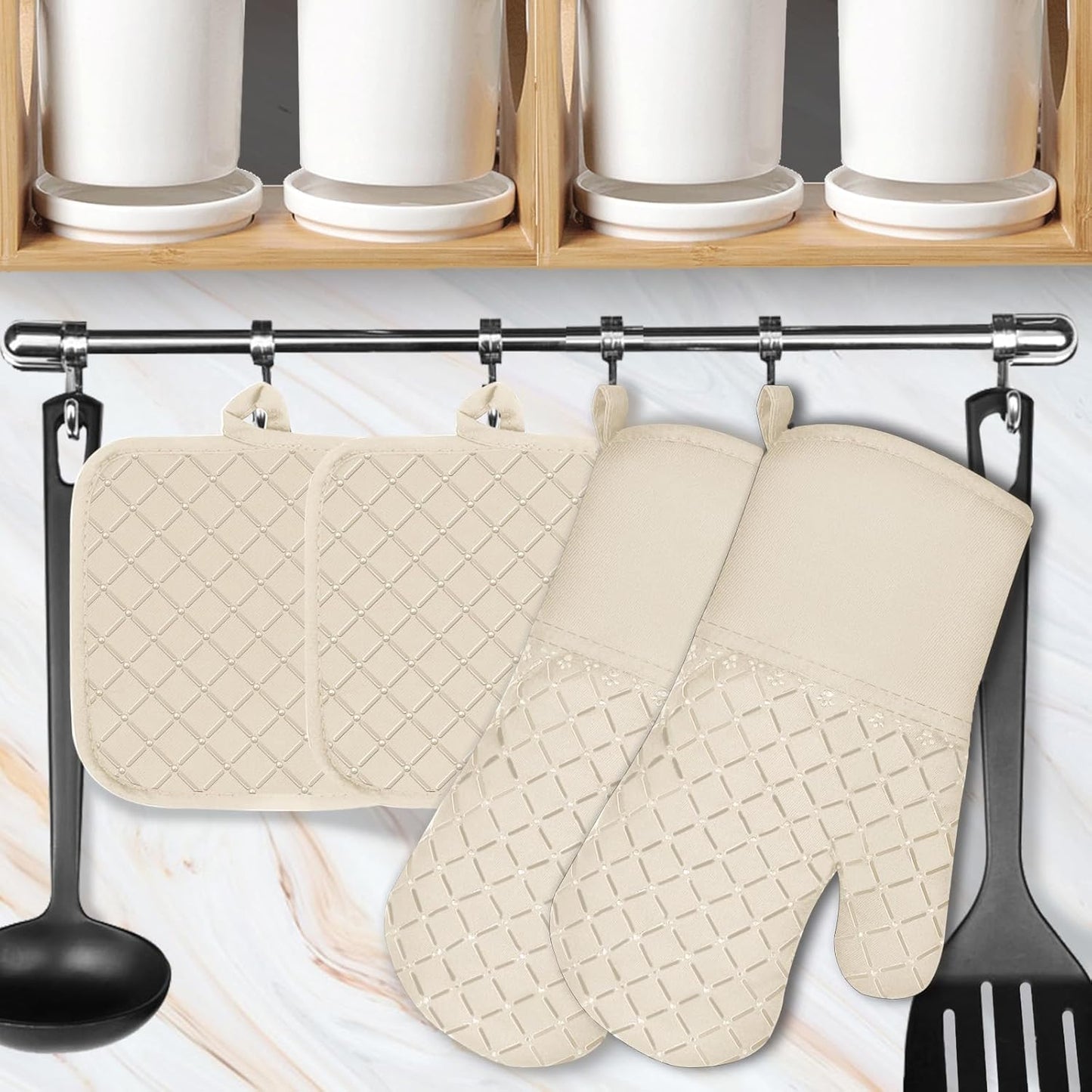 4PCS Oven Mitts and Pot Holders Sets 500°F Pot Holders for Kitchen Heat Resistant Oven Gloves Anti-Slip Silicone Stripe Oven Mitts Heat Resistant Hot Pads Oven Mits Potholders for Kitchens (Khaki)