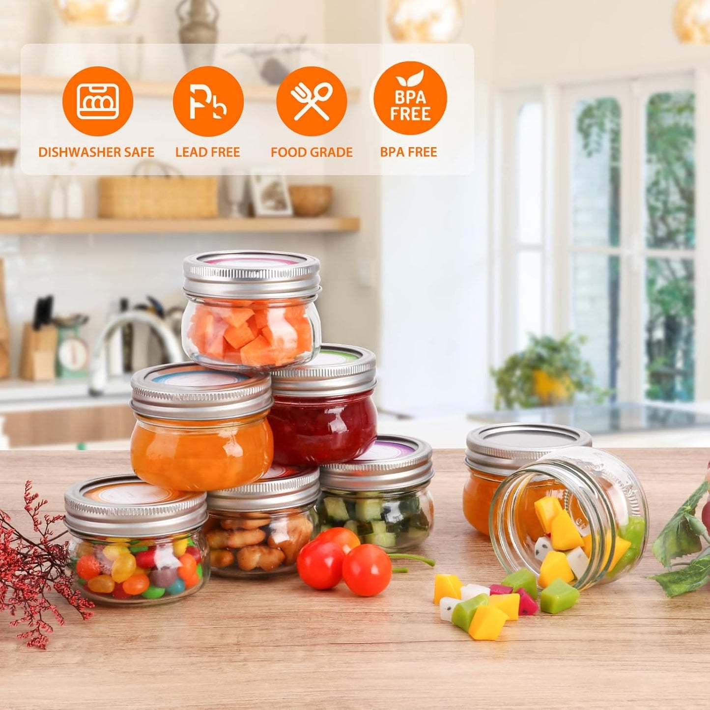 4 oz Mason Jars With Silver Lids and Bands, 24 Pack Regular Mouth Canning Jars for Jam, Honey, Yogurt, Candy, Spices, Snacks, DIY Projects, Wedding Favors- Includes 30 Stickers