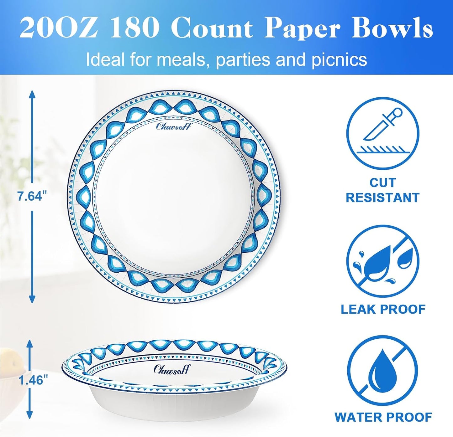 20 oz 180 Pack Paper Bowls Bulk, Soak Proof Heavy Duty Paper Bowls, Cut Proof Small Soup Bowl, Disposable Bowl for Party, Birthday and Picnic