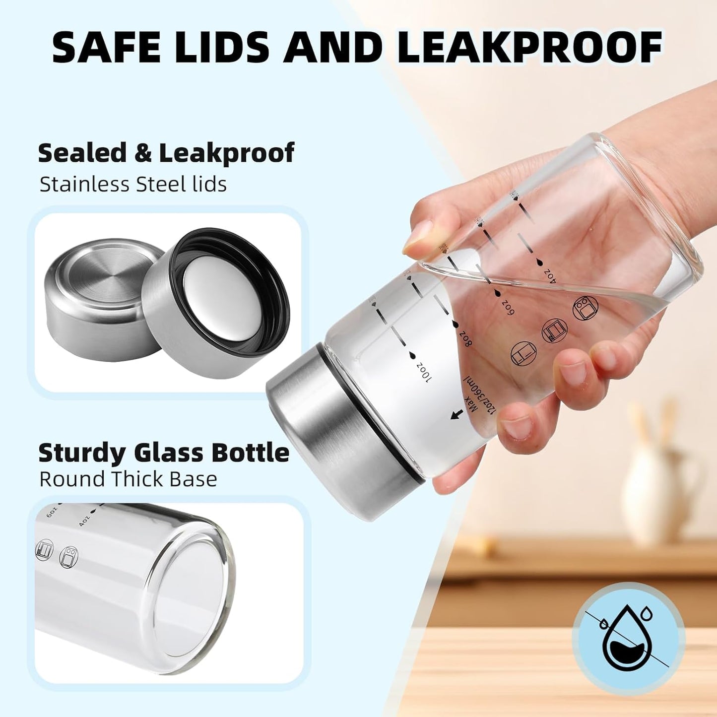 Glass Juice Bottles 4 Pack 12 oz - Wide Mouth Glass Water Bottles with Lids - Borosilicate,Stainless Steel Lids for Juicing, Smoothies, Infused Water, Beverage Storage, Leakproof, Reusable, BPA Free