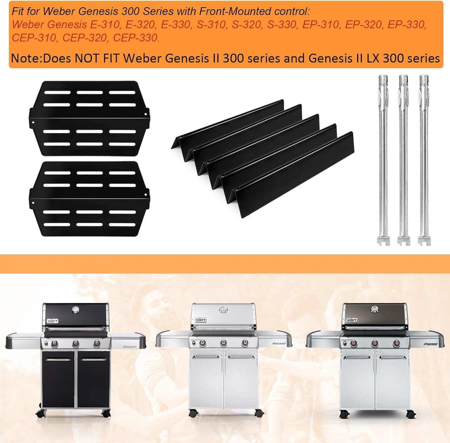 Grill Parts Replacement for Weber Genesis 300 Series E310, E320,E330,S310, S320, S330, EP310, EP320, EP330 with Front-Mounted Control,7620 Flavor Bar 62752 Burner,7622 Heat Deflector