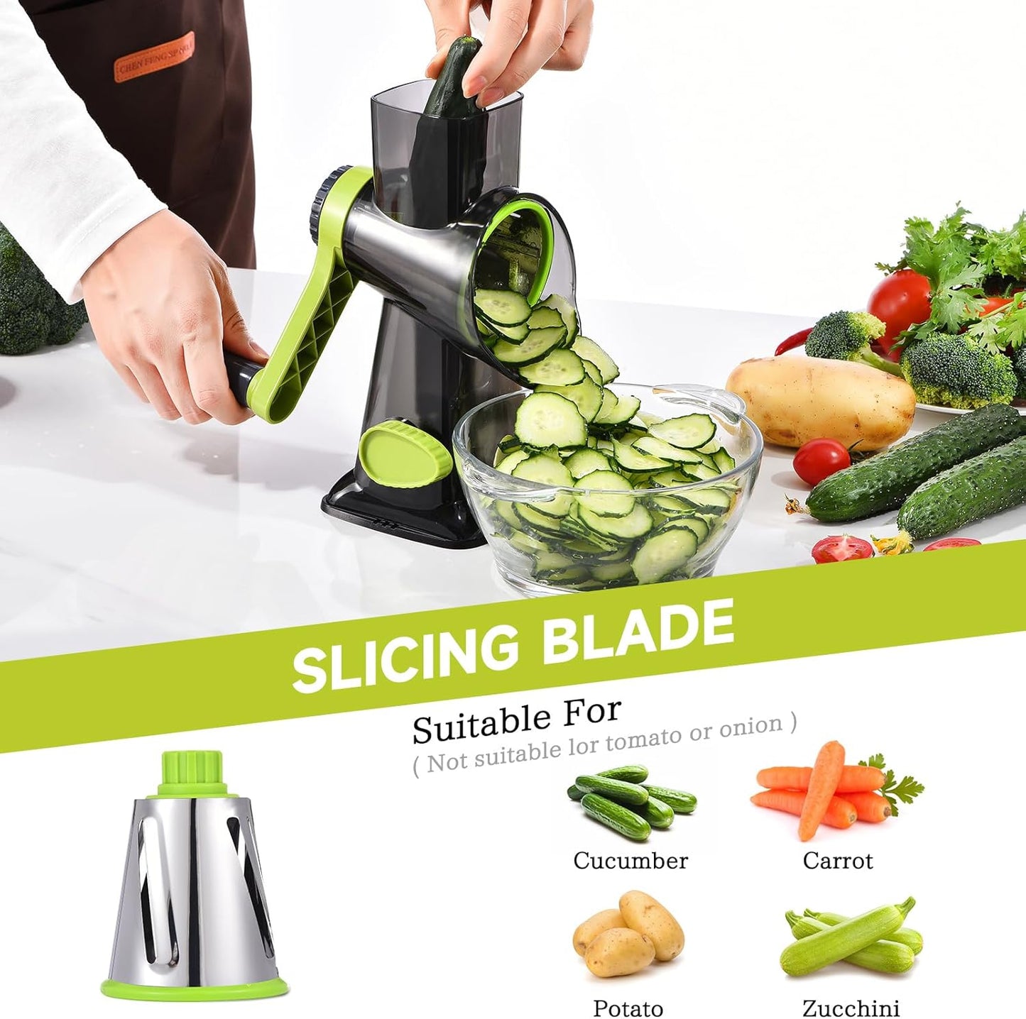Rotary Cheese Grater Hand Crank Cheese Shredder Vegetable Mandoline Slicer for Kitchen 3 in 1 Changeable Blades for Cheese Potato Nuts Chocolate Ice (Green TSP)
