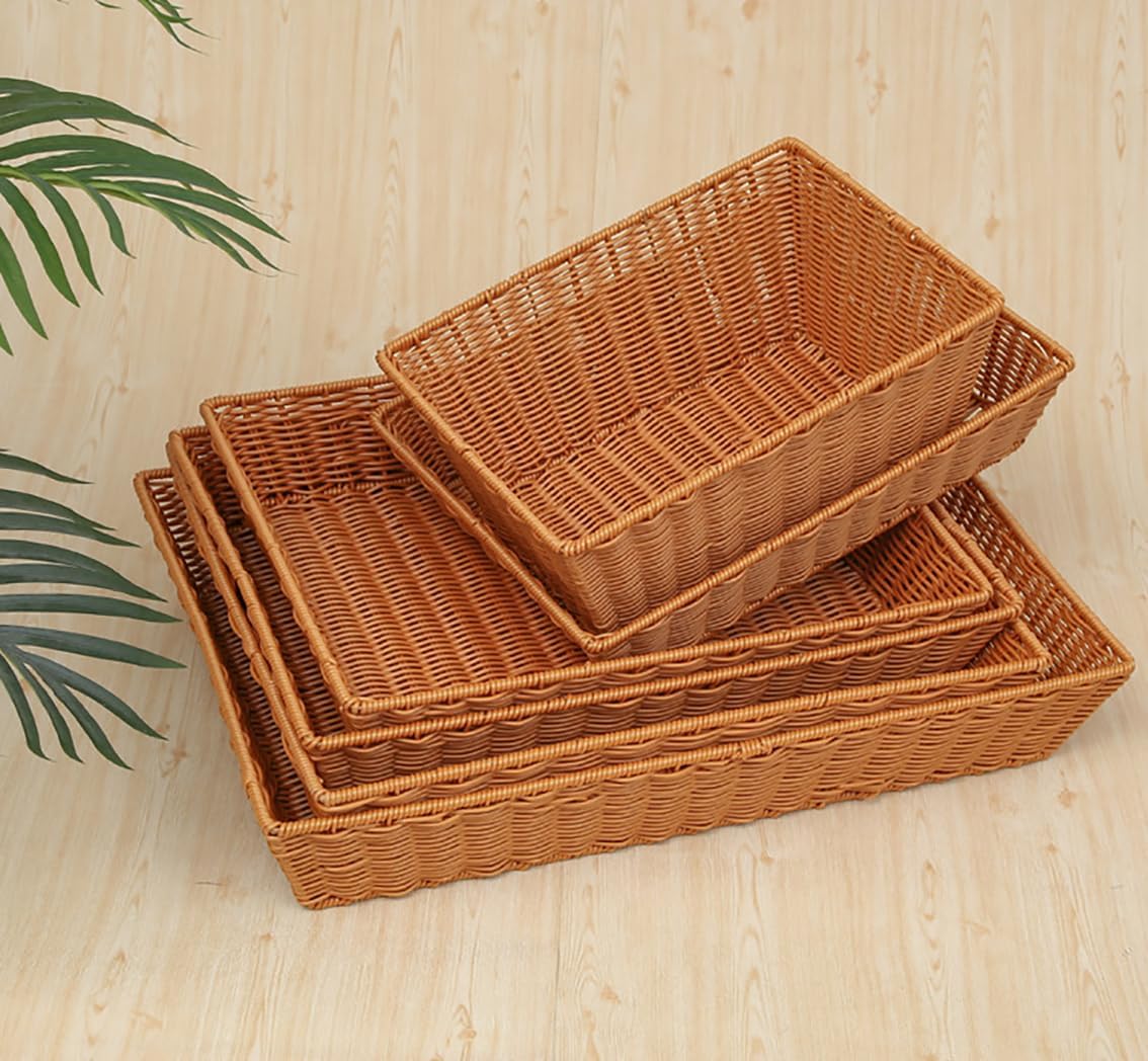 12" Poly Wicker Bread Basket, Hand Woven Food Storage Room Organizer, Fruits, Vegetables and Snacks Tabletop Food Serving Basket, Restaurant, Hotel Service, Brown (11.9x8x5.9)