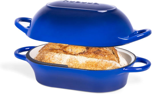 Dutch Oven For Sourdough Bread Baking – Enamelled Cast Iron Bread Loaf Pot – Oven Safe Non Stick Bread Pot – Rectangular, Dark Blue, 24cm x 16cm – by Nuovva