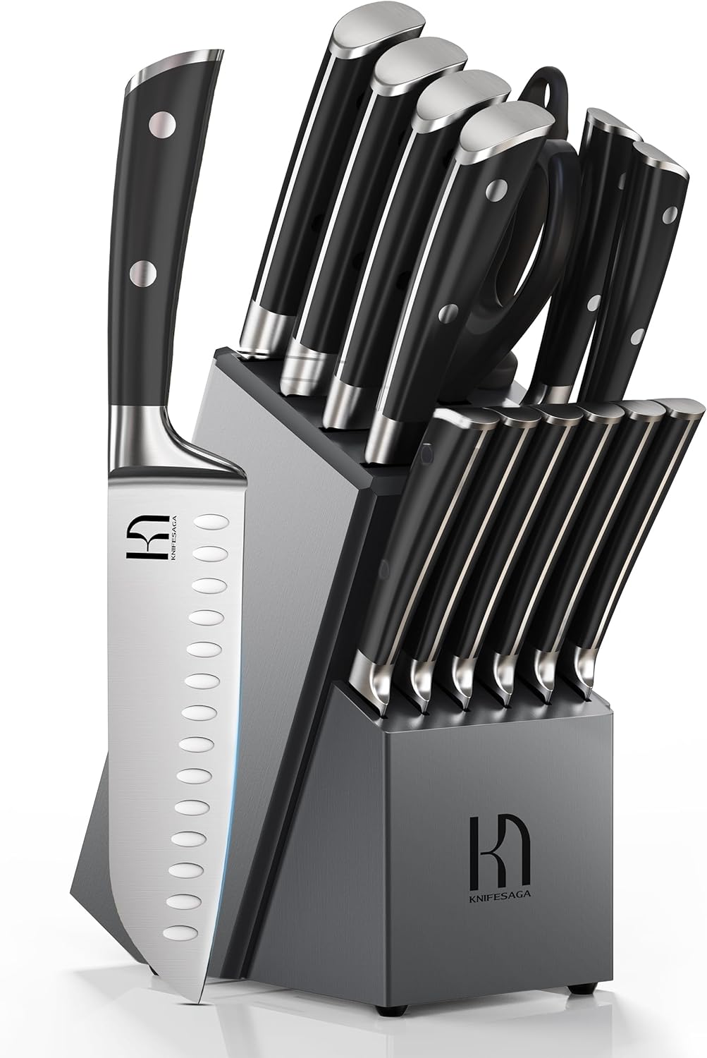 Premium Knife Set 15 Pcs Quality Kitchen Knife Set with Block, Japanese High Carbon Stainless Steel Razor Sharp Knife Block Set, Acacia Wood Block Knife Set with Ergonomic Full-tang Handle