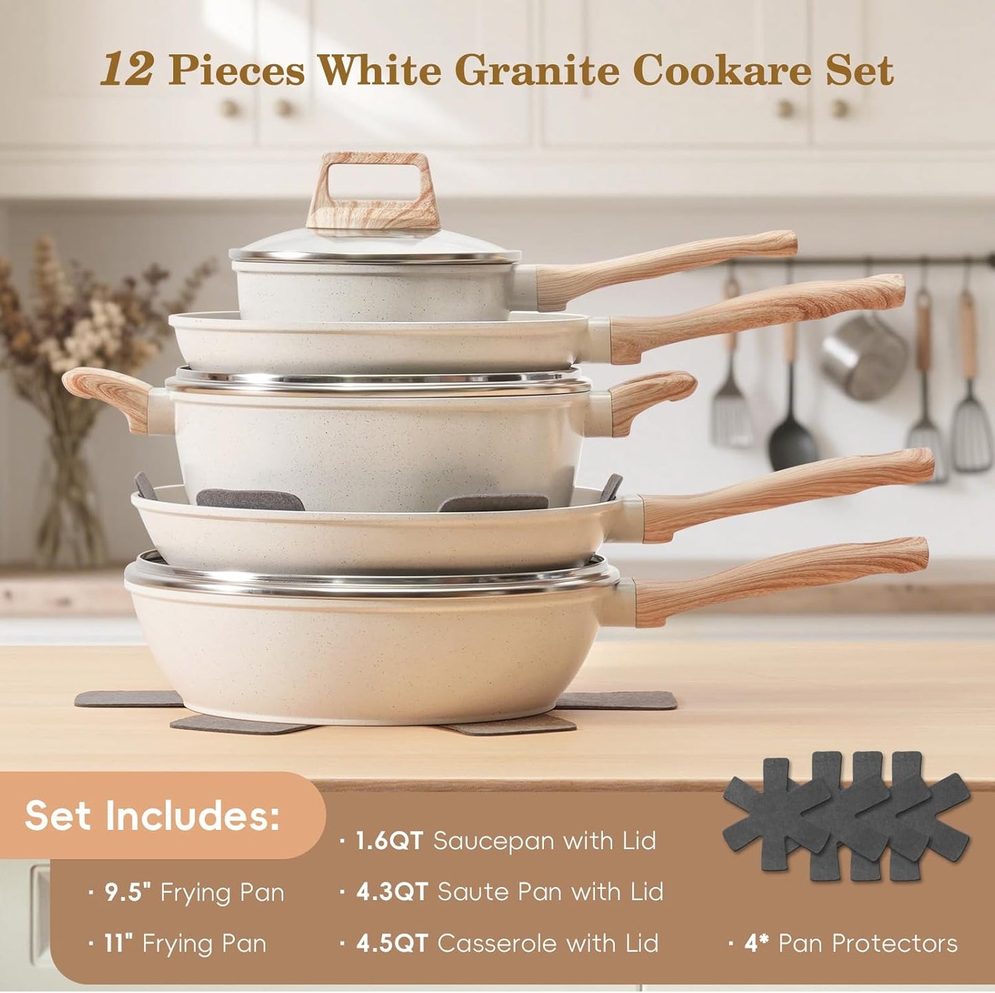 12 Pcs Pots and Pans Set Non Stick, Cookware Sets White Granite Induction Cookware, Non-toxic Healthy Nonstick Kitchen Cooking Set with Frying Pans Set, Saucepans (PFAS/PFOA/PFOS Free)