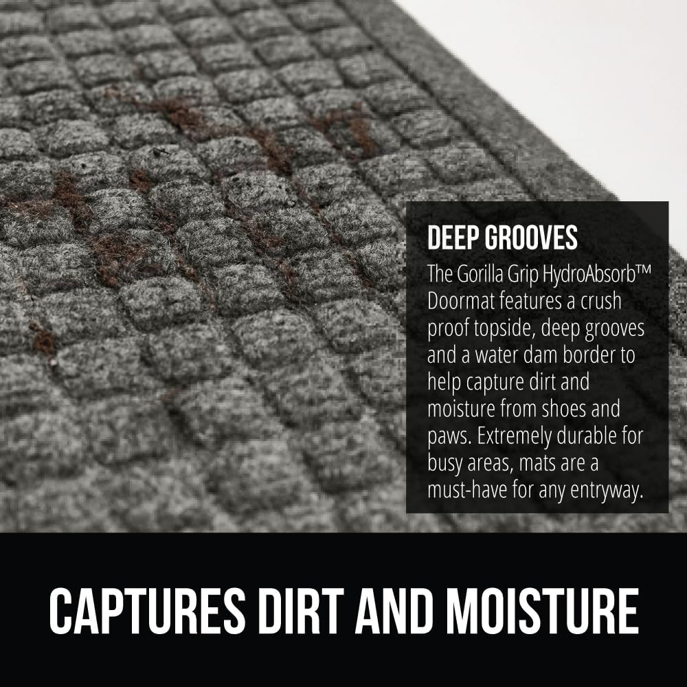 GORILLA GRIP Front Door Mat, 72x24, Indoor Outdoor Ultra Absorbent HydroAbsorb Doormat, Absorbs Up to 2.75 Cups of Water, Stain and Fade Resistant, Rubber Backing Doormats, Captures Dirt, Gray