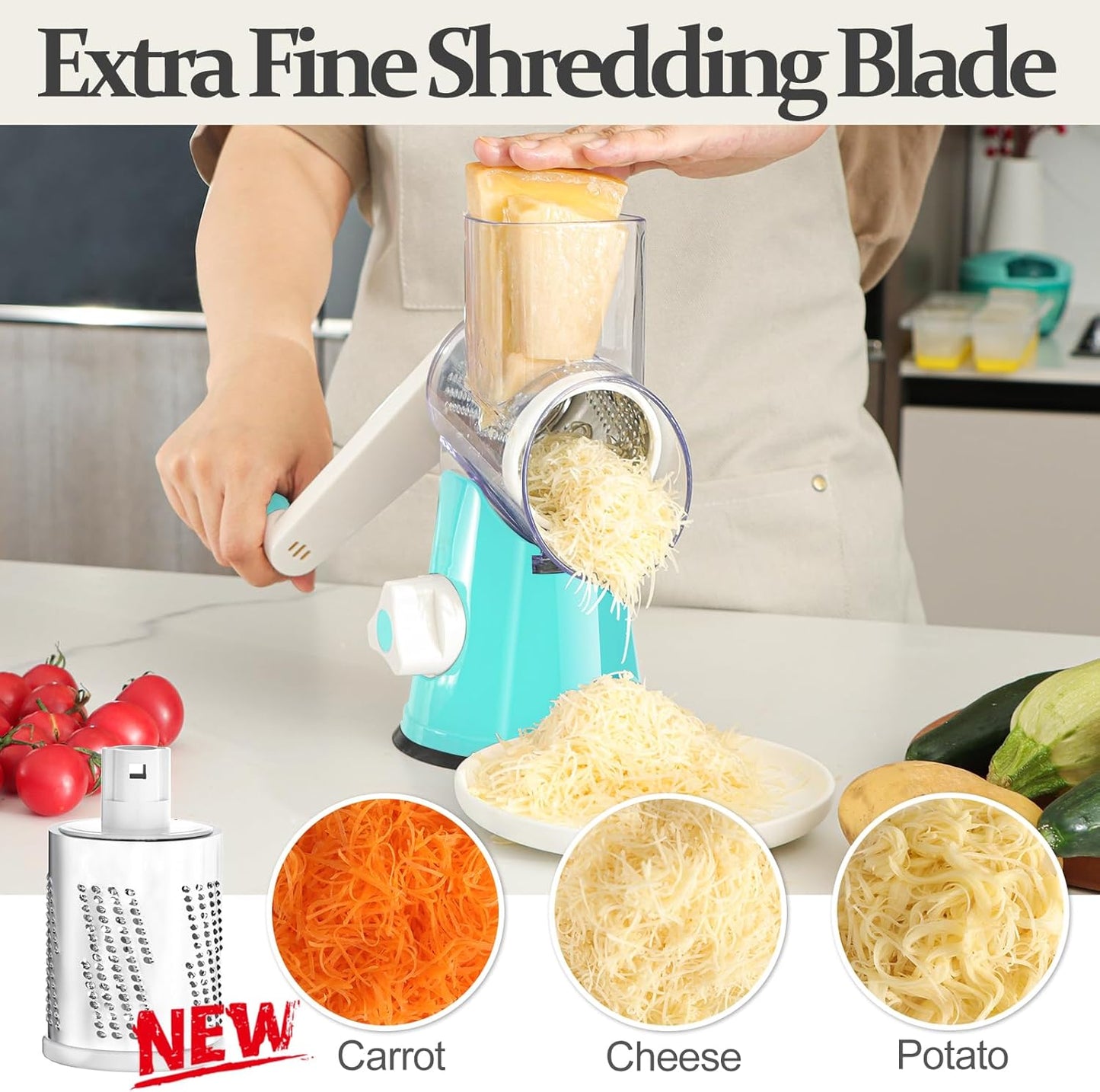 Cambom Rotary Cheese Grater Hand Crank Cheese Shredder for Fresh Cheese, Vegetable, Nuts,Non-slip Suction Base, Five Blades, Blue