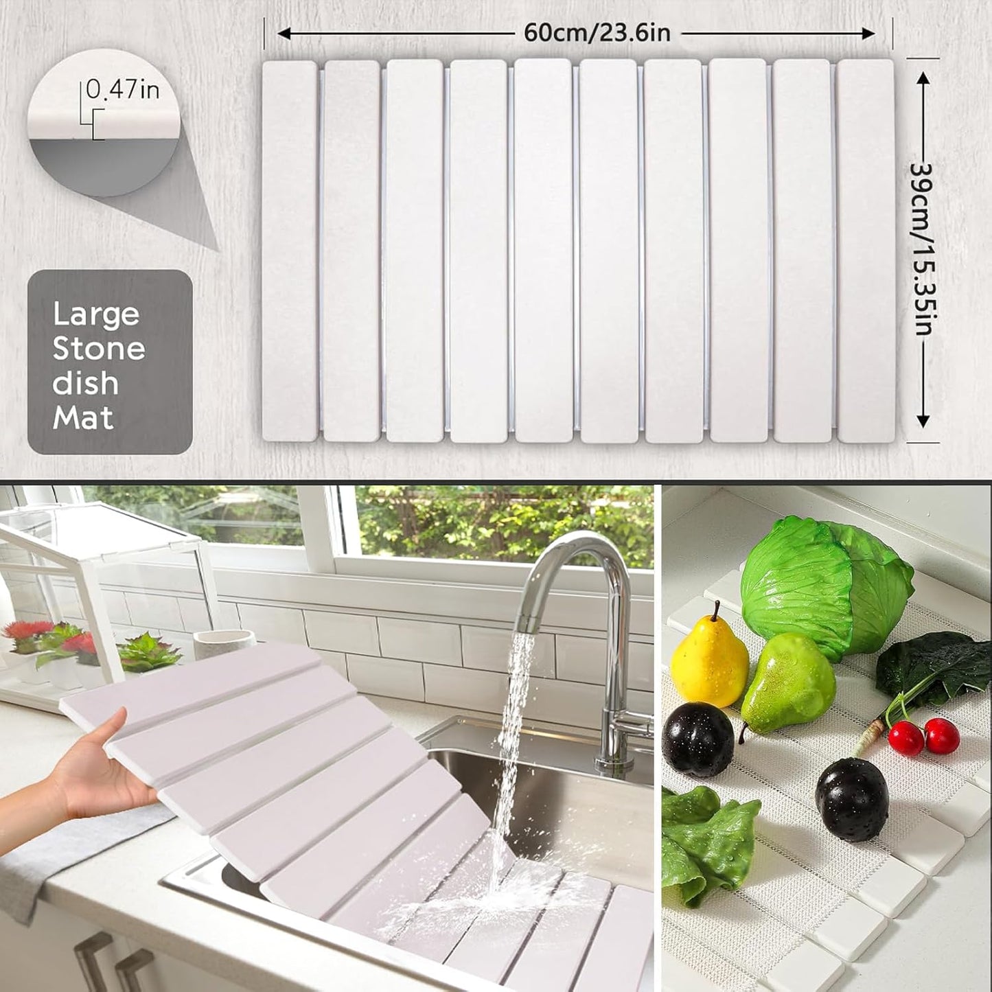 Stone Drying Mat for Kitchen Counter, Stone Dish Drying Mat Foldable, Super Absorbent Diatomaceous Earth Quick-drying Draining Mat for any Kitchen Countertop (White B, 23.6”x15.4”)