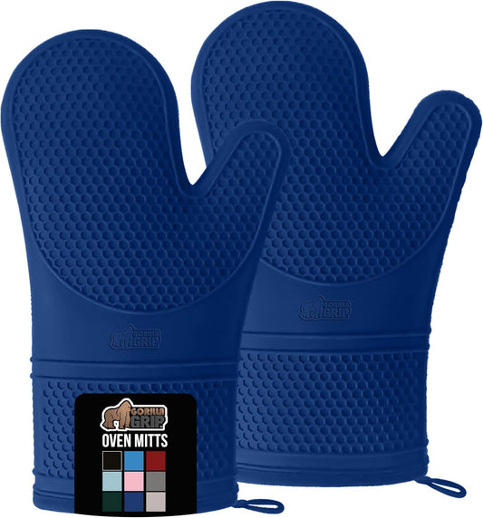 GORILLA GRIP BPA-Free Soft Silicone Oven Mitts, Heat Resistant and Waterproof Cooking Gloves, Thick Cotton Lining, Flexible Gripping for Baking Grilling, Kitchen Potholders Set of 2, 12.5x8.3, Blue