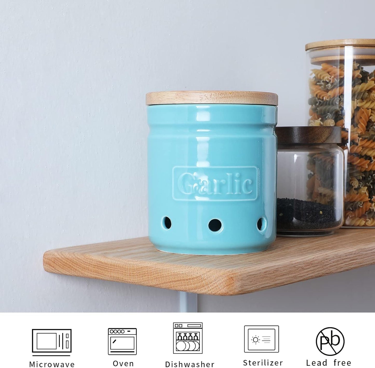 Large Garlic Keeper with Wooden Lid, Ceramic Garlic Holder Storage, Garlic Container for Kitchen, Garlic Saver to Keep Your Garlic Cloves Fresh Longer 4.5-Inch, Turquoise