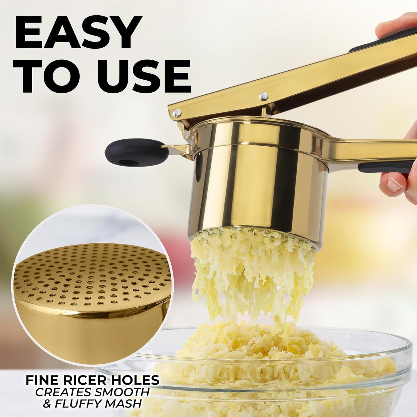 Zulay Kitchen Premium Large 15oz Potato Ricer, Heavy Duty Professional Stainless Steel Potato Masher and Ricer Kitchen Tool, Press and Mash Kitchen Gadget - Gold/Black