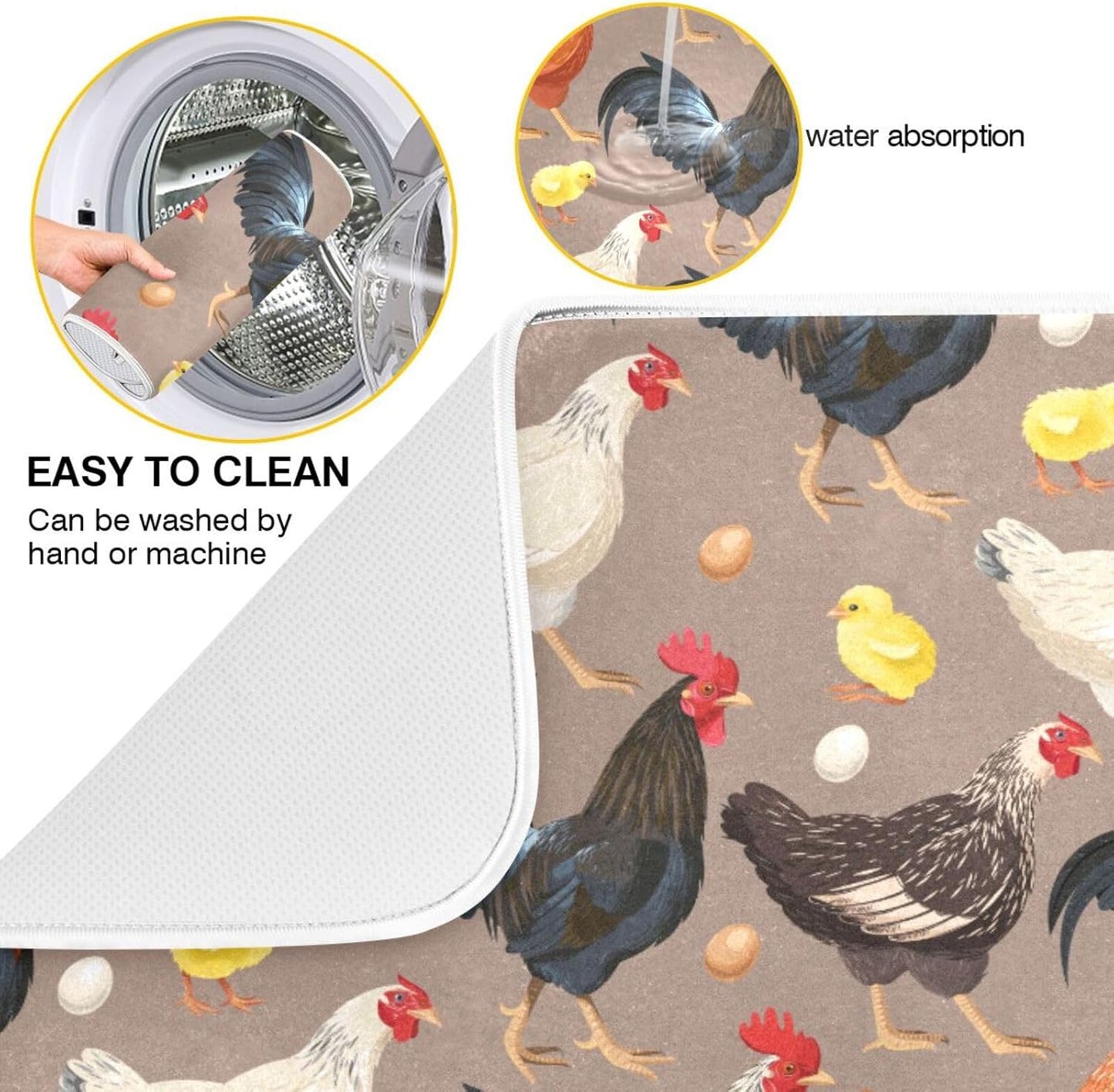 Hens Roosters Chicken Dish Drying Mat for Kitchen Counter Absorbent Microfiber Drying Pad, Medium 16x18 in, Reversible Drainer Mats