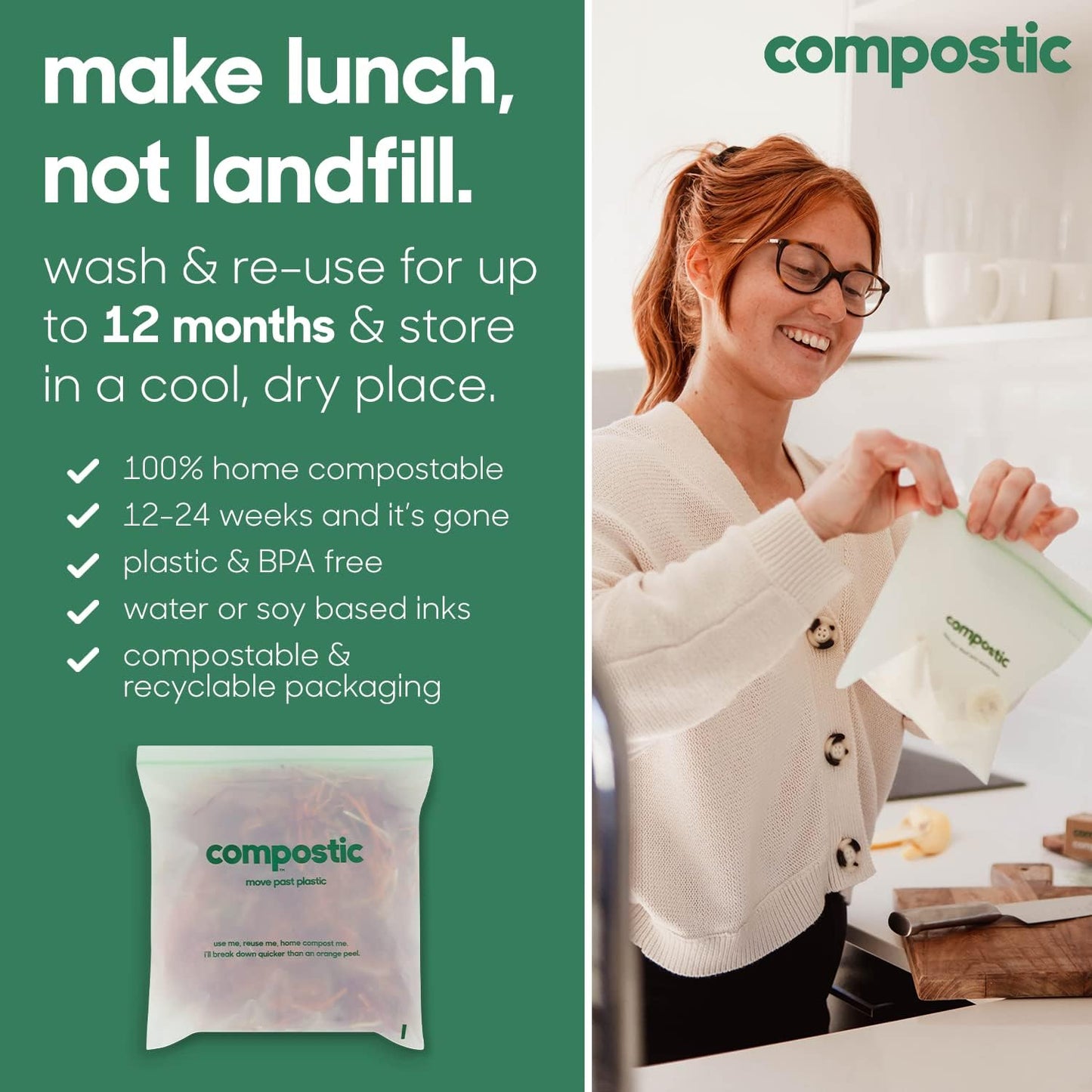 Home Compostable Resealable Gallon Bags (10.5"x10.5"), Microwave & Freezer Safe, Organic Food Storage Container, 30 Count (Pack of 2)