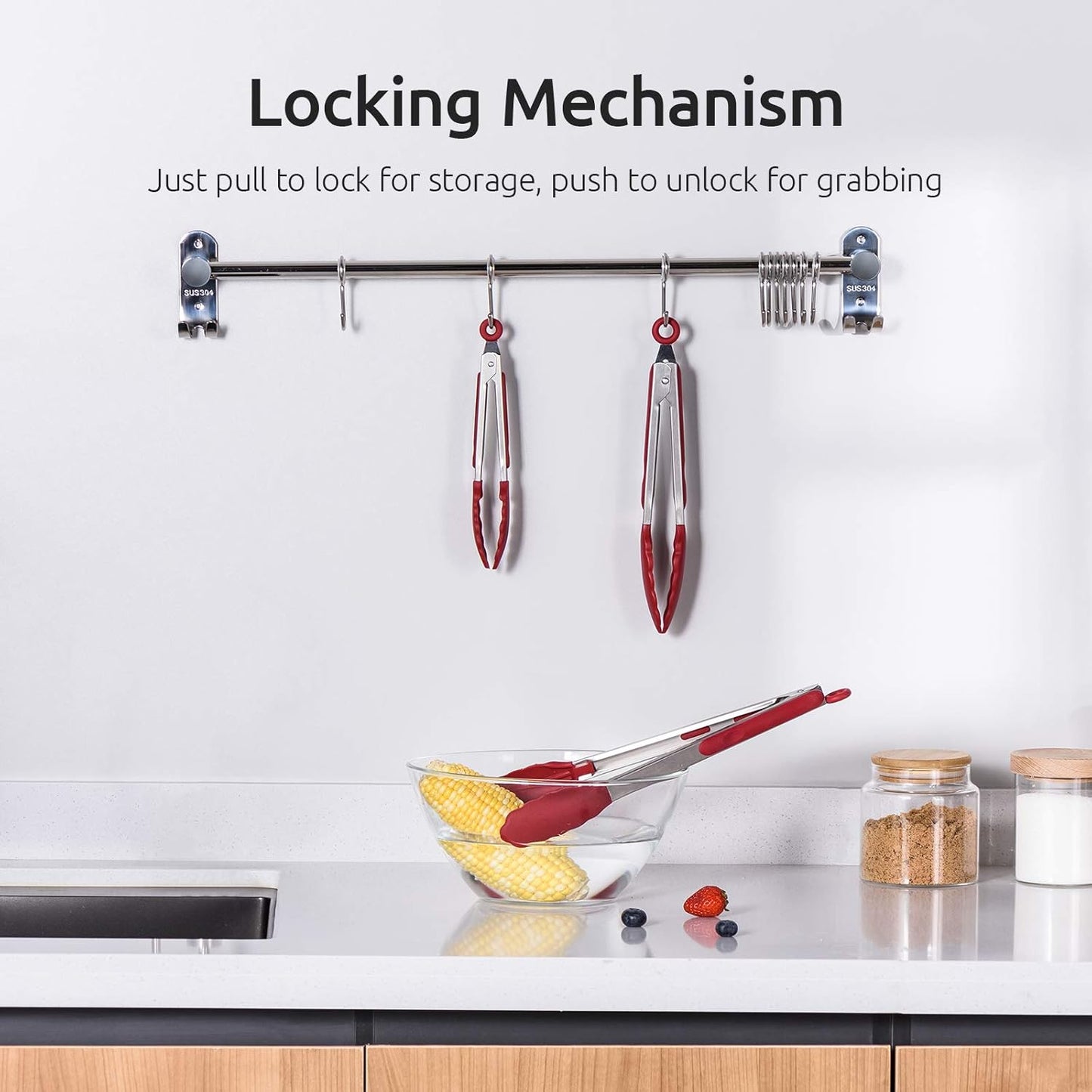 U-Taste Kitchen Tongs, 7/9/12 inches Cooking Tongs, with 480ºF High Heat-Resistant Non-Stick Silicone Tips, 18/8 Stainless Steel Handle, for Food Grill, Salad, BBQ, Frying, Serving, Pack of 3 (Red)