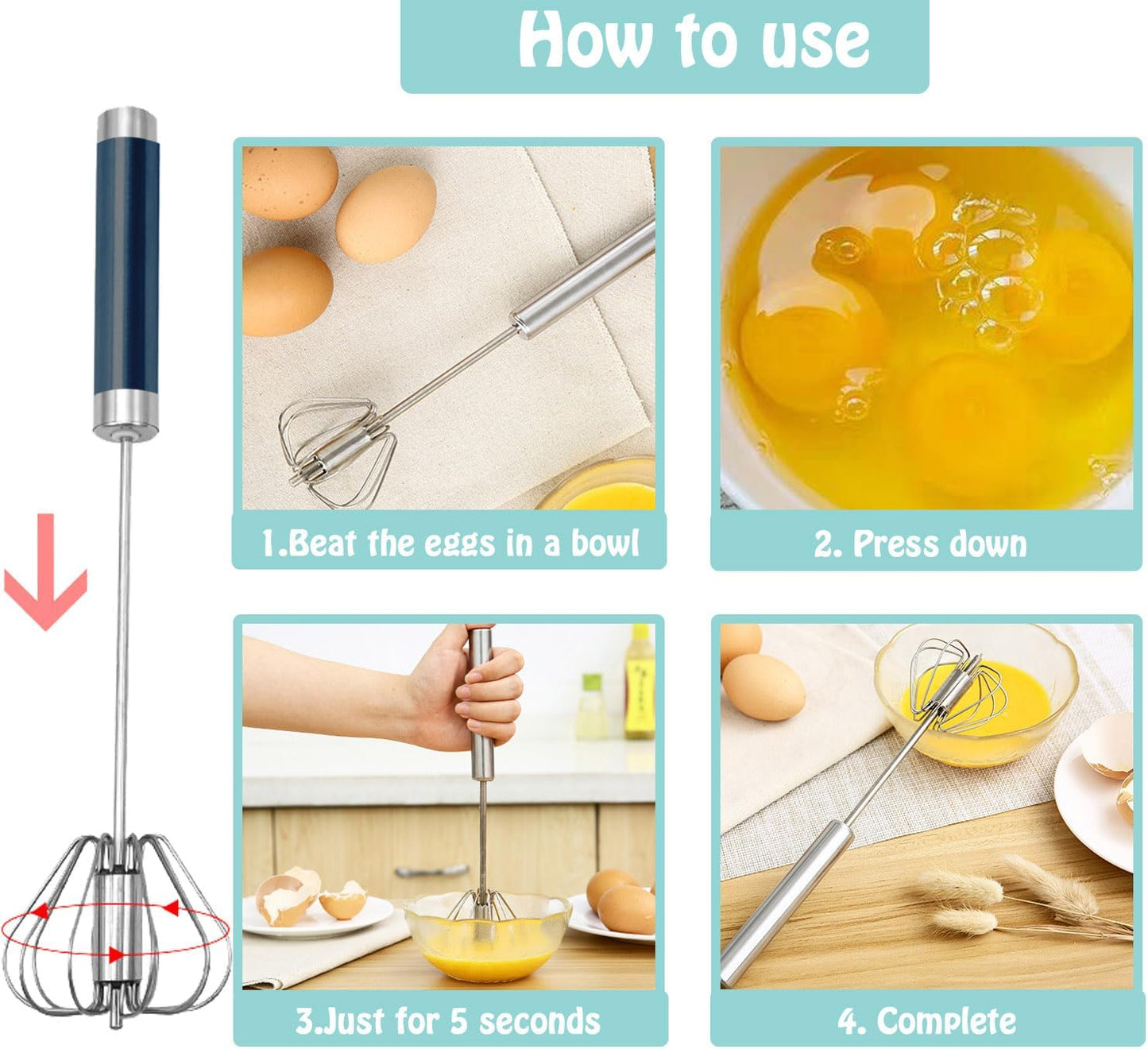 Semi-automatic Whisk, Stainless Steel Egg Beater, Hand Push Rotary Whisks Mixer Stirrer for Making Cream, Whisking, Beating and Stirring (3 Color)