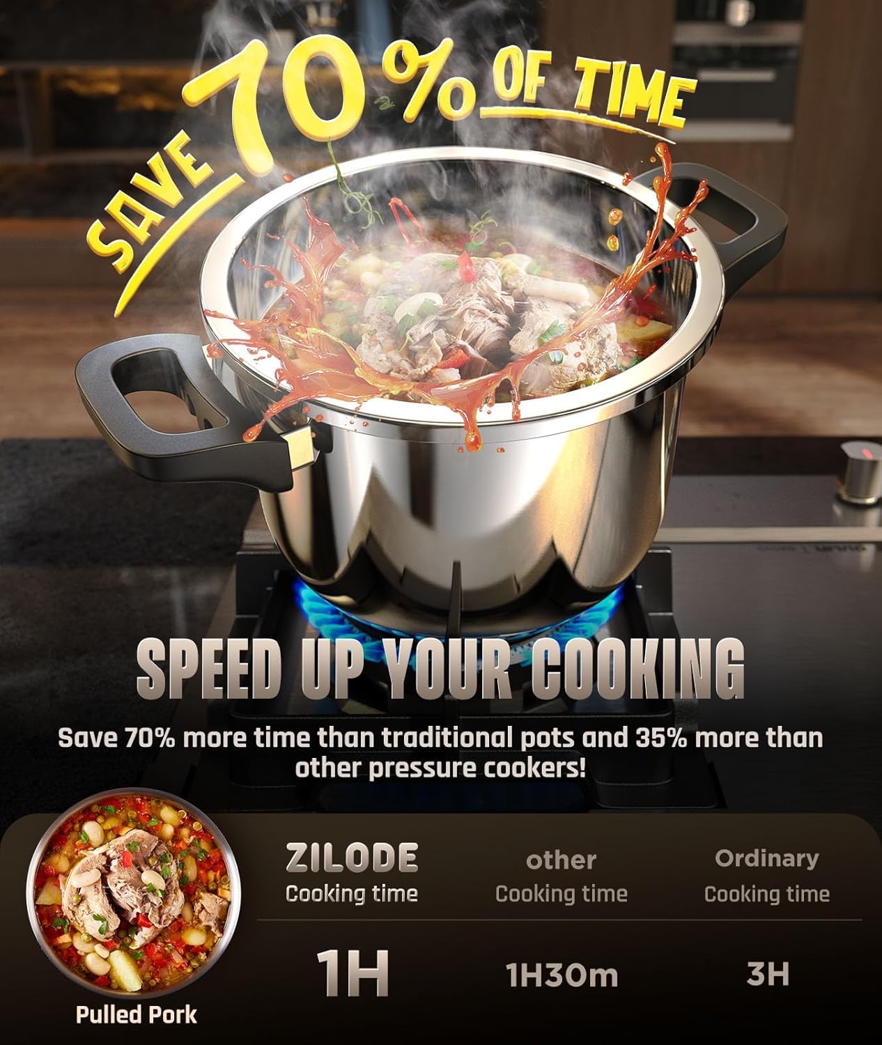 18/8 Stainless Steel Pressure Cooker 7 QT, [Save 70% Cooking Time] Olla De Presion with Food-Grade Body [One Hand Operation] Rotating Lock/Unlocking Lid System, Steam Rack Included