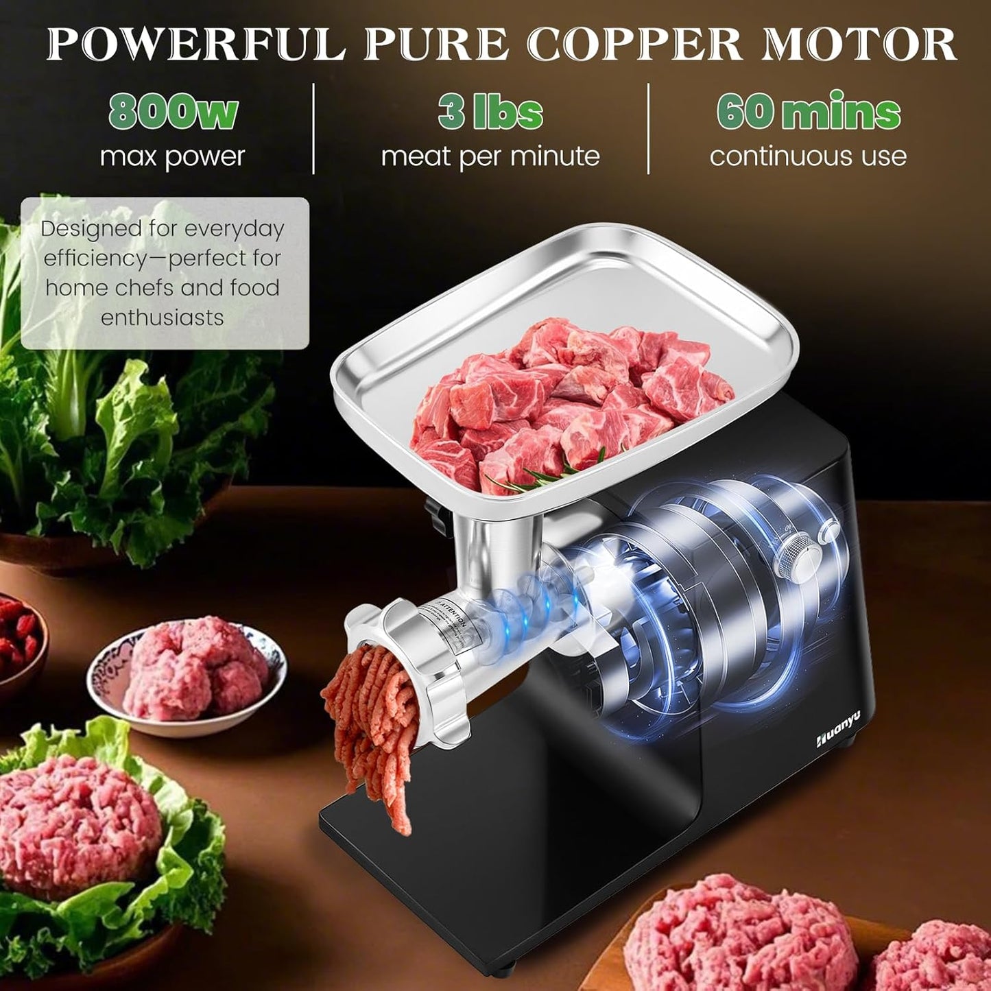 Huanyu Meat Grinder Electric Pro-Grade - 1HP Bone-Crushing Power, 3 Plates & Sausage Kit | Rustproof Stainless Steel for Hunters, Pet Owners & Home Chefs #8