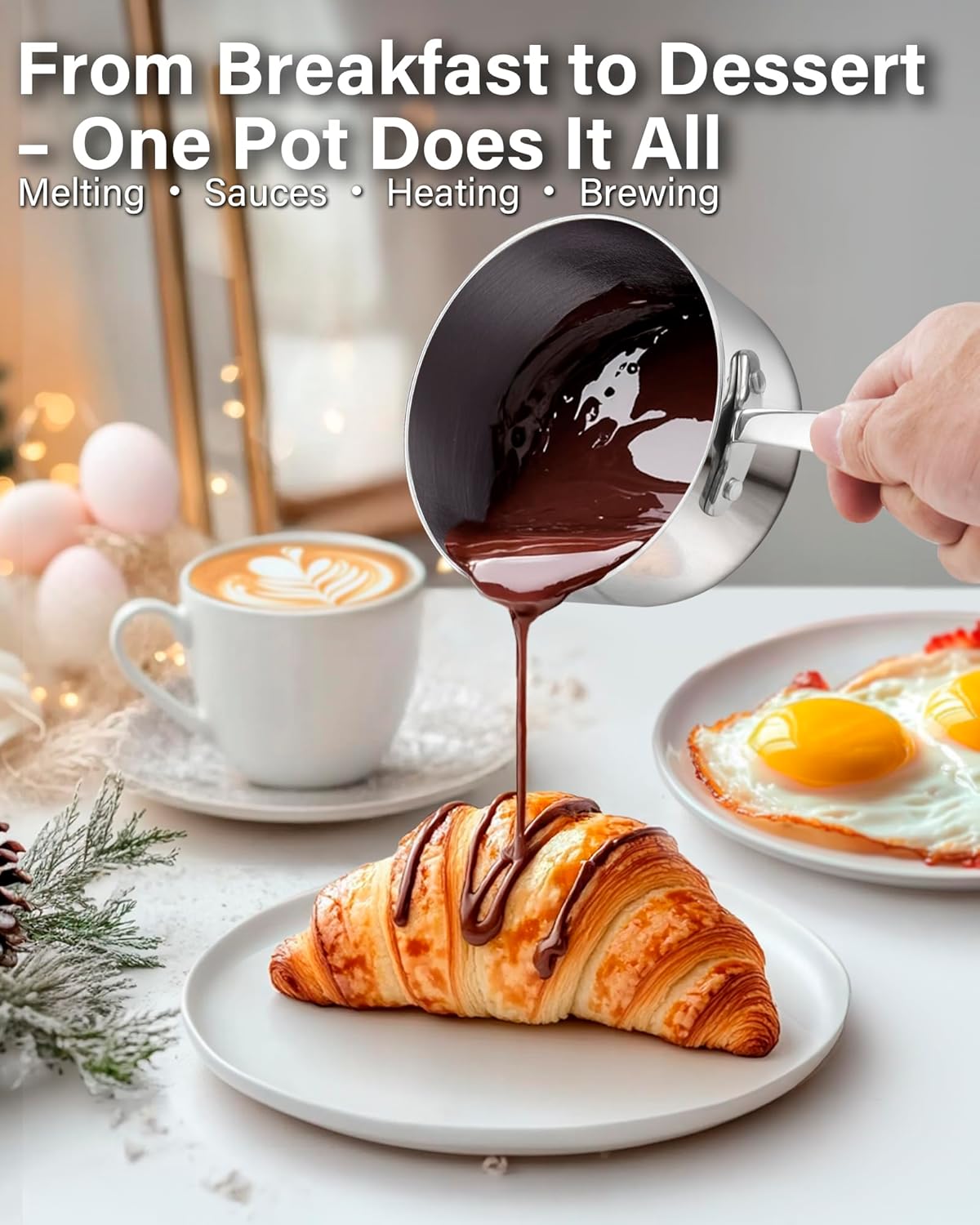 D&M Butter Warmer 0.57 Quart, Multi-Ply Clad Stainless Steel Milk Frother and Chocolate Melting Pot, Small Saucepan for Induction Stovetop, Coffee, Butter, Syrup