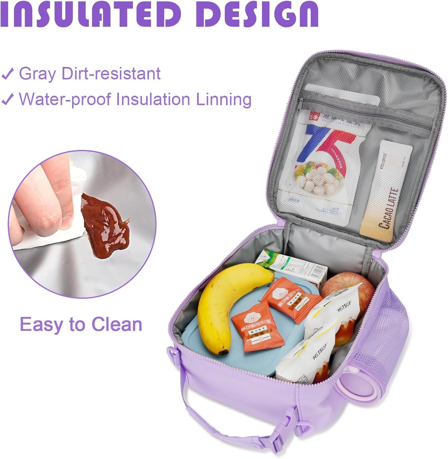 Initial Insulated Lunch Bag for Girls Kids, Back to School Gift, Reusable Leak-proof Lunch Box with Adjustable Strap for School Daycare Travel Picnic (Purple,A)