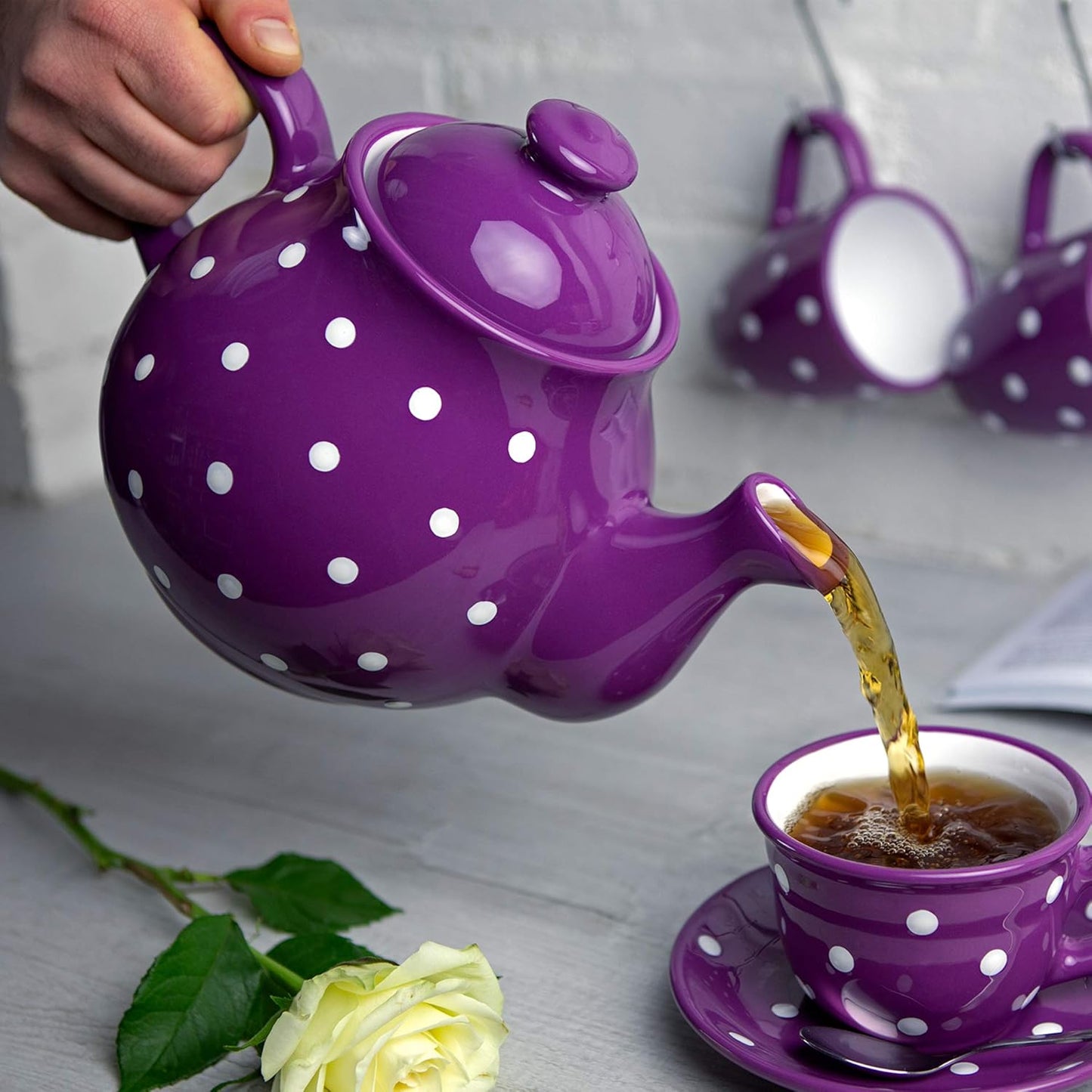 Handmade Purple and White Polka Dot Large Ceramic 1,7l/60oz/4-6 Cup Teapot, Milk Jug, Sugar Bowl Set, Pottery Tea Set, Housewarming Gift for Tea Lovers by City to Cottage®