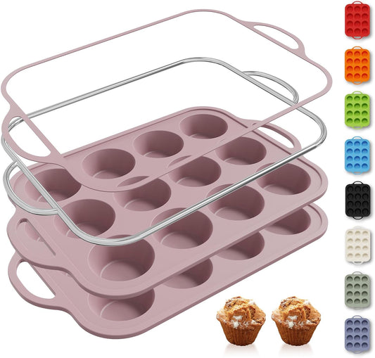 2 Packs 12 Cups Silicone Muffin Pan with Metal Reinforced Frame Regular Size Cupcake Pan Tray Egg Bites Silicone Circle Cookie Molds Muffin Tin Tart Pans Baking Sheet Set for Breakfast Sandwiches