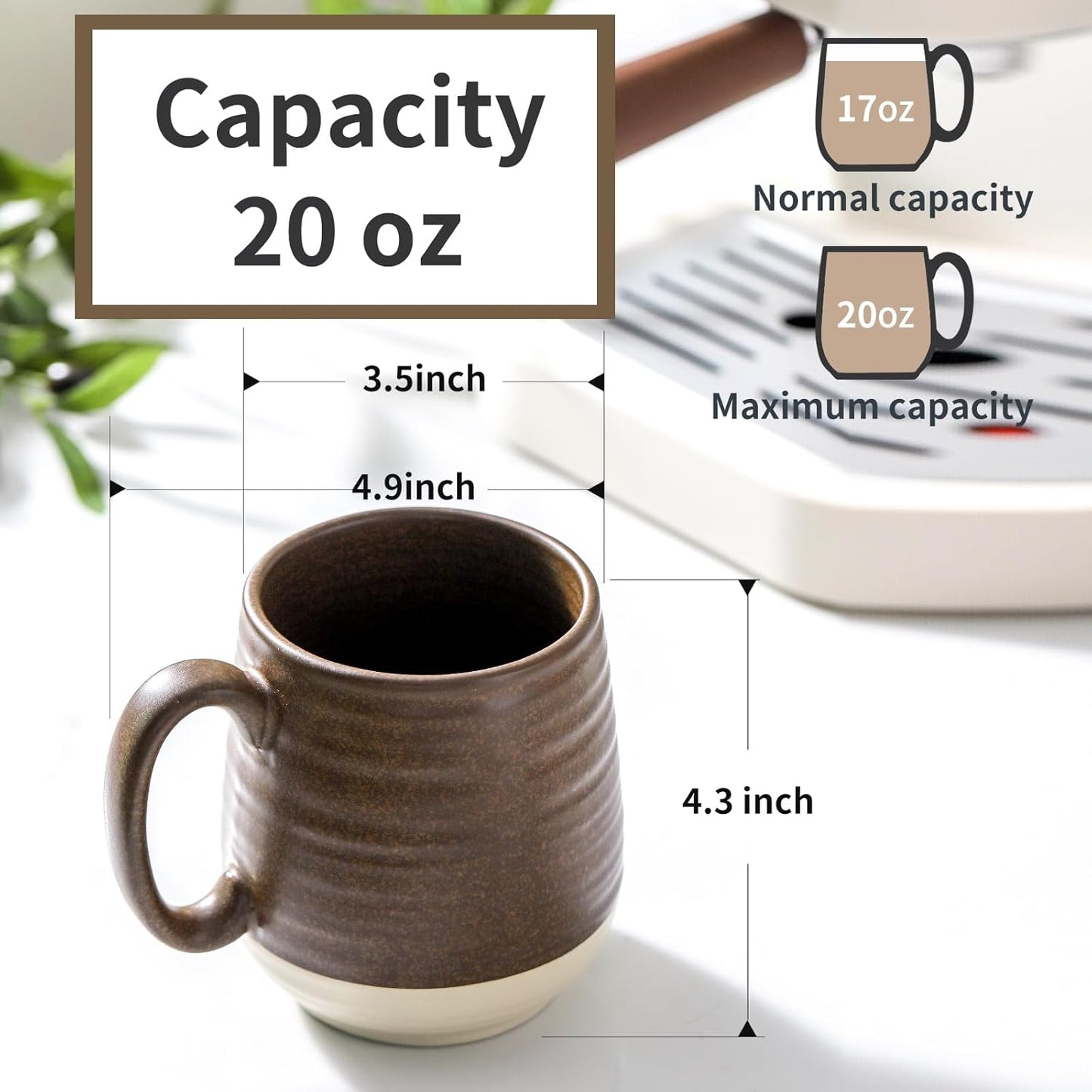 Hasense 20 oz Coffee Mugs, Large Tea Cups with Comfortable Handle Set of 2, Perfect for Coffee, Latte, Hot Cocoa, Dishwasher and Microwave Safe, Brown
