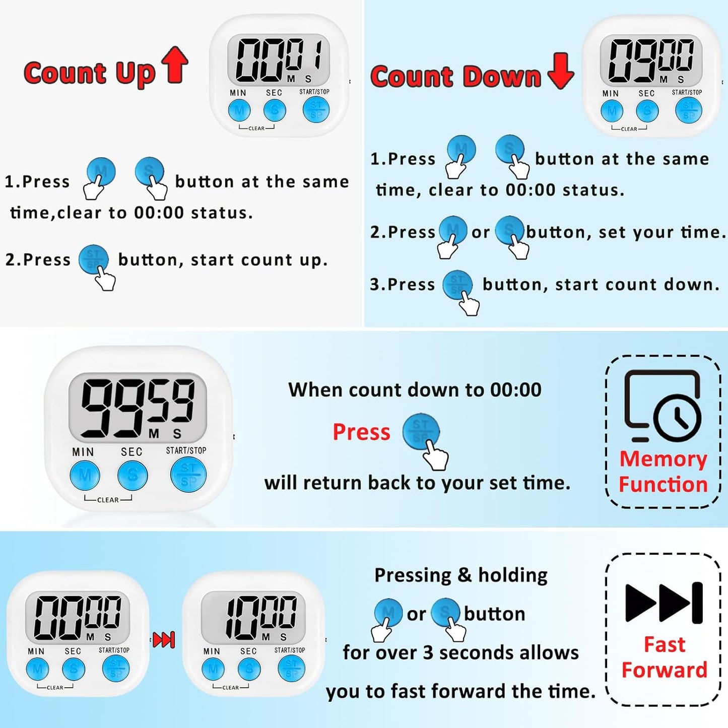 ZILLEEN 12 Pack Kitchen Timers for Cooking Digital Classroom Timers for Kids Teachers White Green Pink