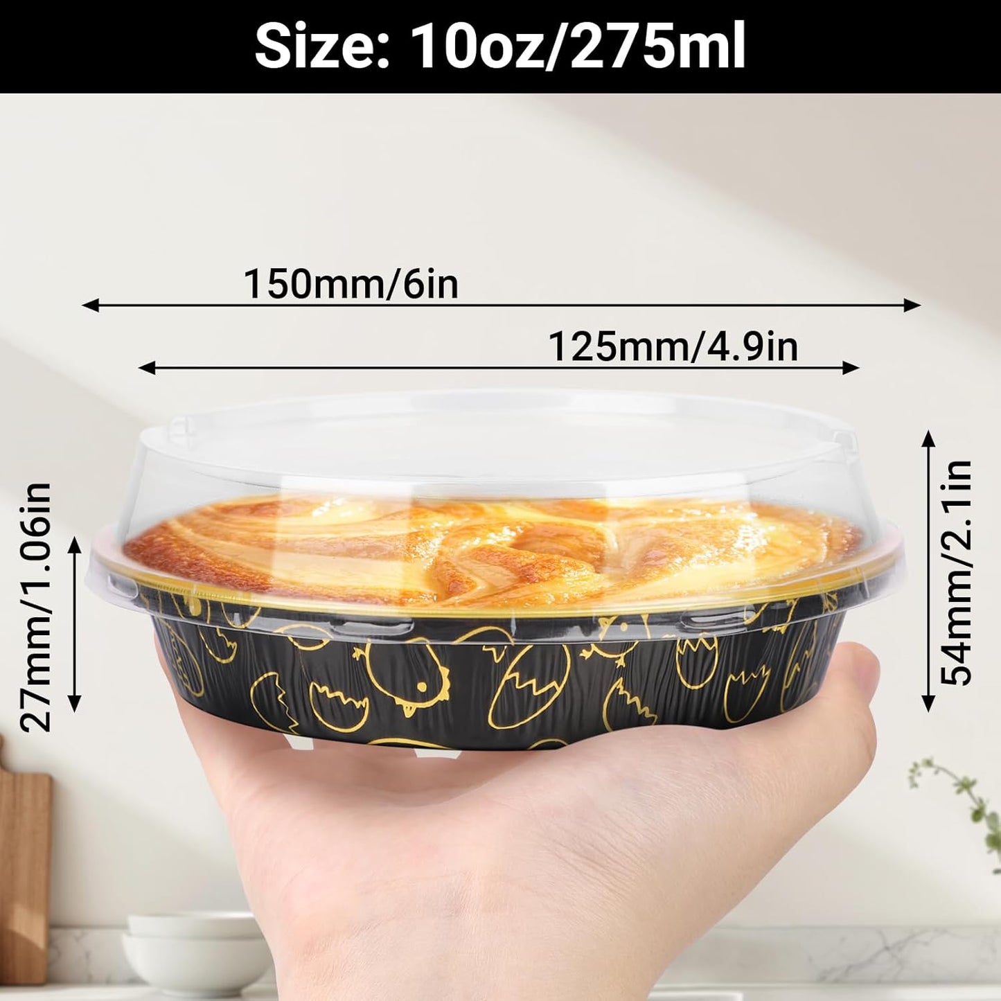 EUSOAR Aluminum Pans with Lids, 25pcs 10oz/275ml Black/Gold Cake Containers Baking Cups, Muffin Liners Foil Ramekins Cupcakes Liners Bread Pudding Round Holders Cups for Wedding Birthday Party