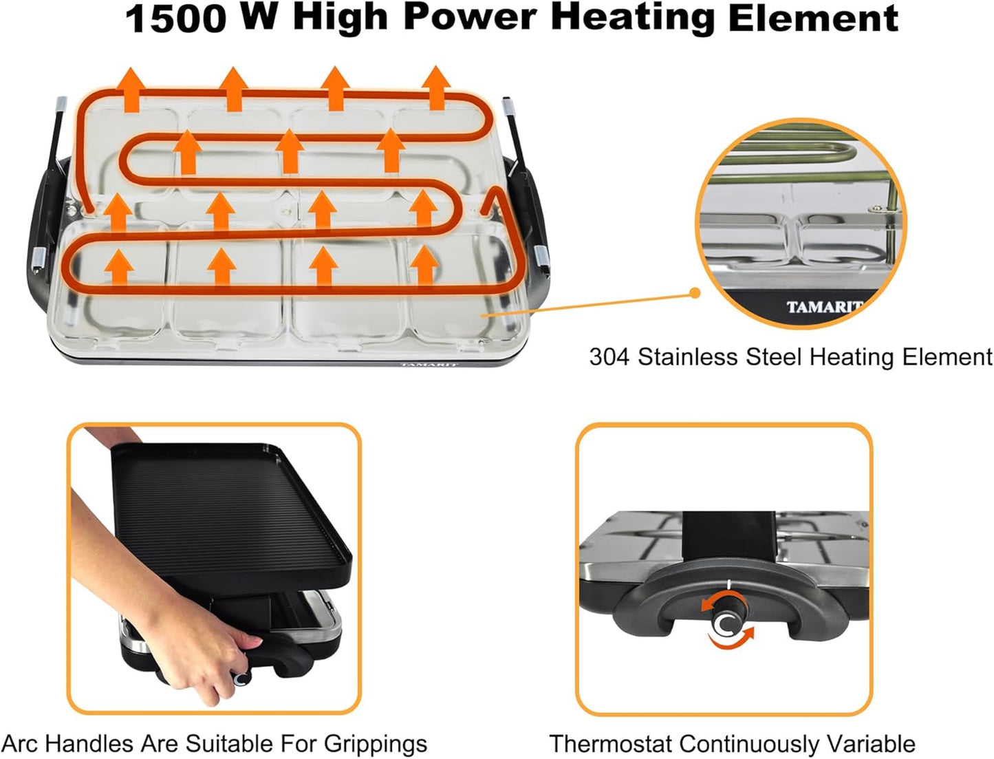 TAMARIT Classic 8 Person Raclette Grill 1500W Electric Tabletop Grill with Reversible Plate, 8 Non-Stick Raclette Trays & Spatulas Indoor Portable Korean BBQ Barbecue Grill, Party Grill Black